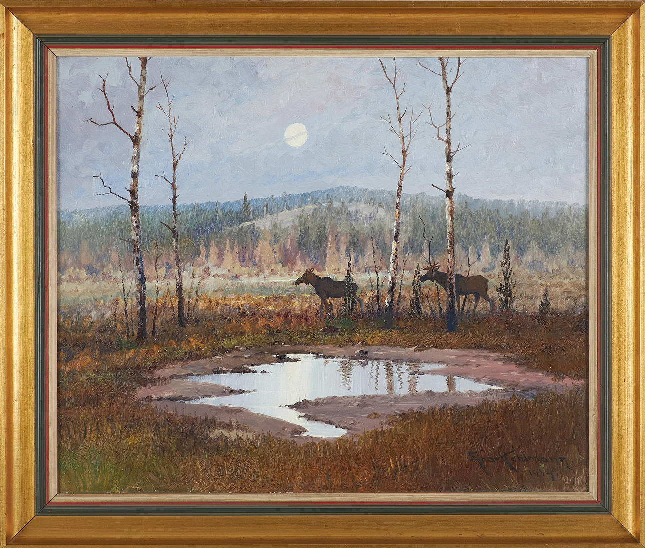 EINAR KOHLMANN. Moose in moonlight, oil on canvas, signed and dated 1949.