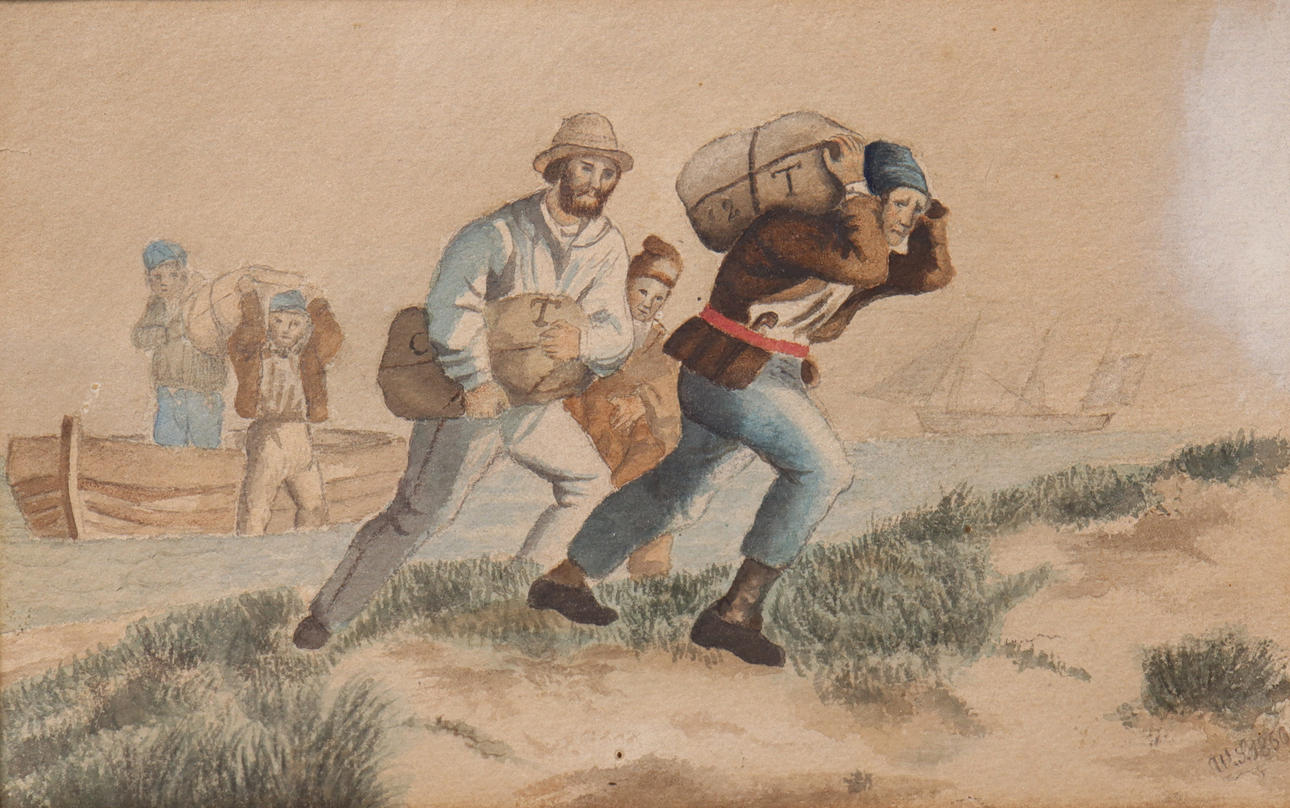UNIDENTIFIED ARTIST, watercolour, disembarkation, dated 1866.
