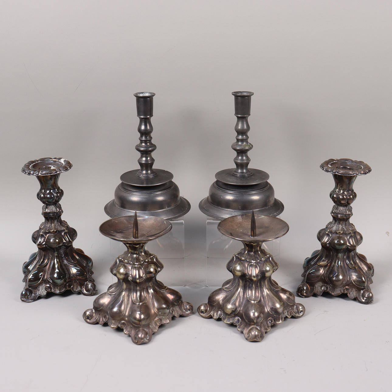 CANDLESTICKS, baroque style, pewter and nickel silver, 6pcs.