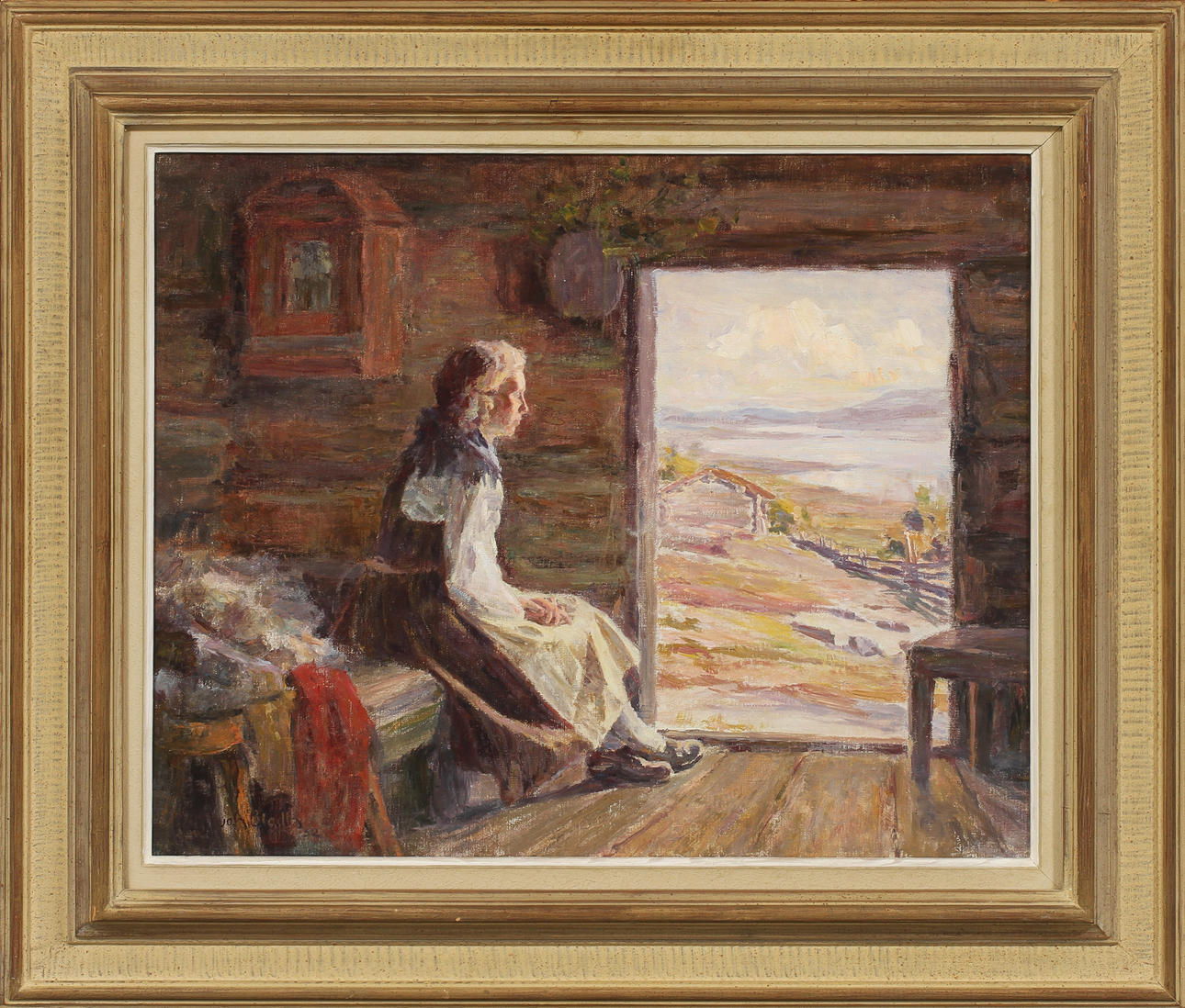 JOHAN BLADH. Vy och kvinna i folkdräkt, olja på duk, signerad.