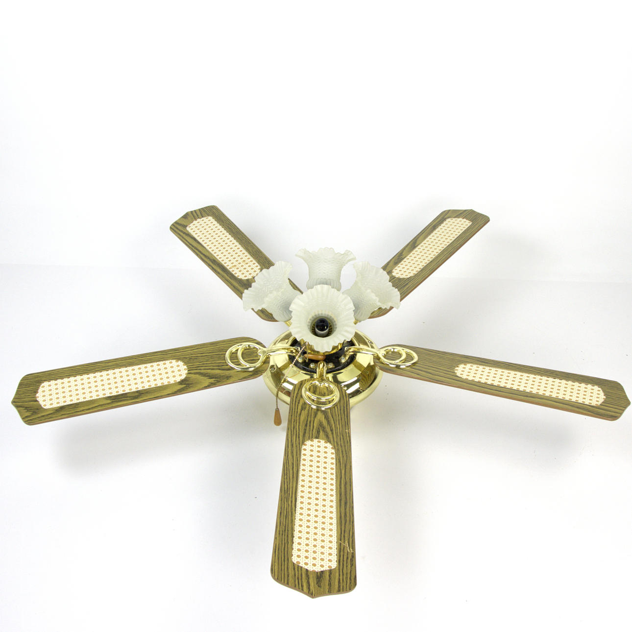 LOFTVENTILATOR, træ, gult metal, 4 glas lampekopper, moderne.