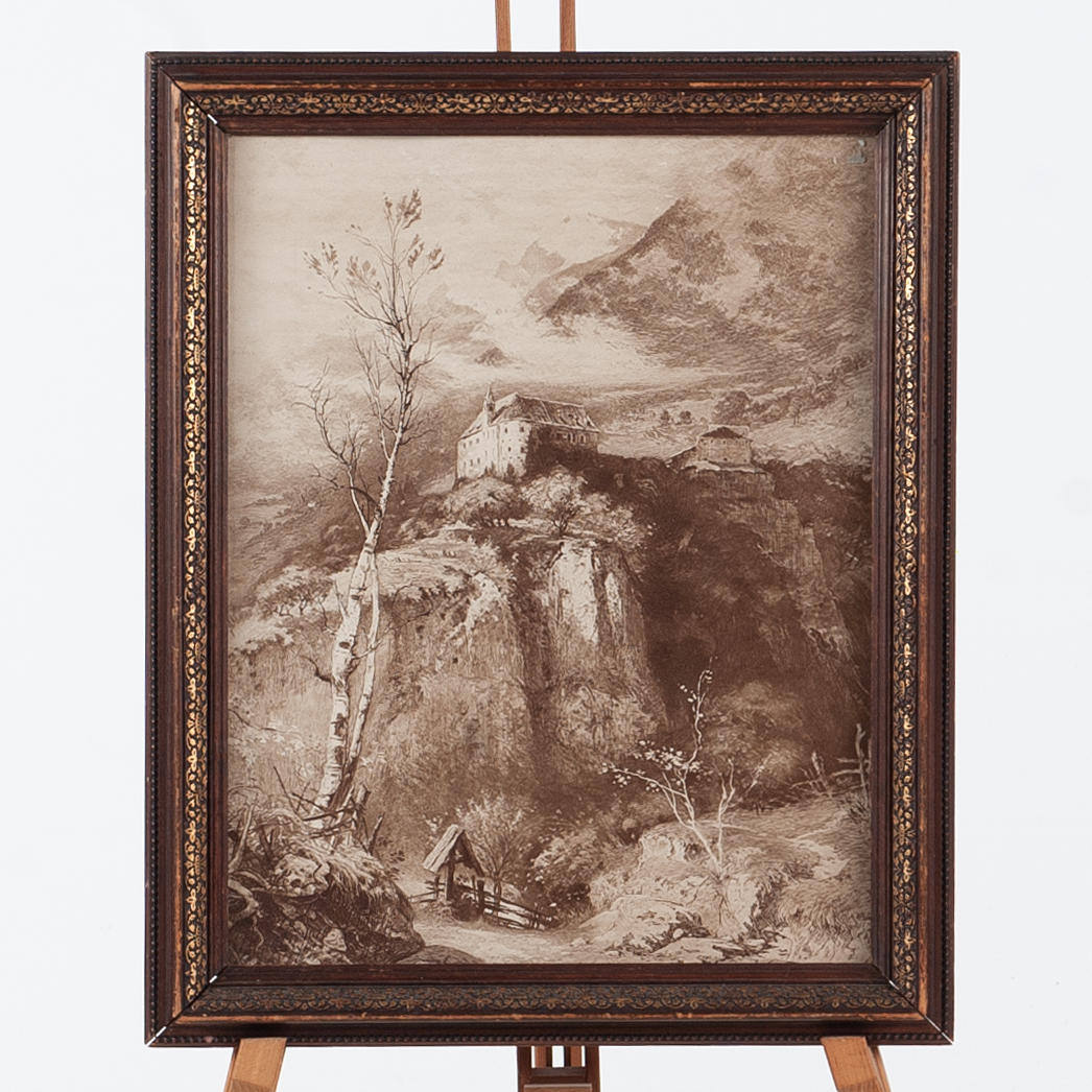 OIDENTIFIERAD KONSTNÄR. COPPERSTICK/ETCHING Romantic mountain landscape with fortress, 19th century.