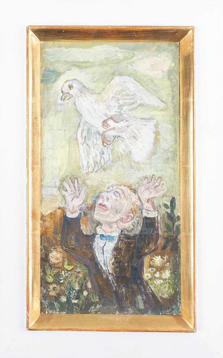 OLLE NORDBERG. Mann mit Taube, Öl auf Tafel.