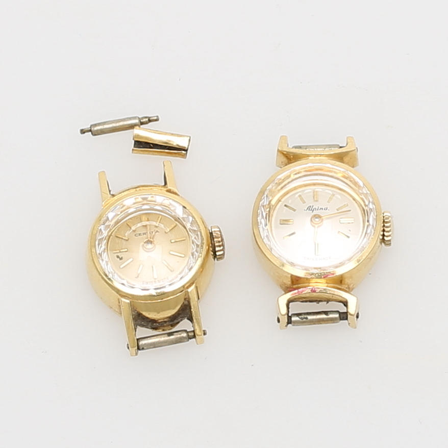 DAMARMBANDSUR, 2 st, Certina och Alpina, guld 18k.