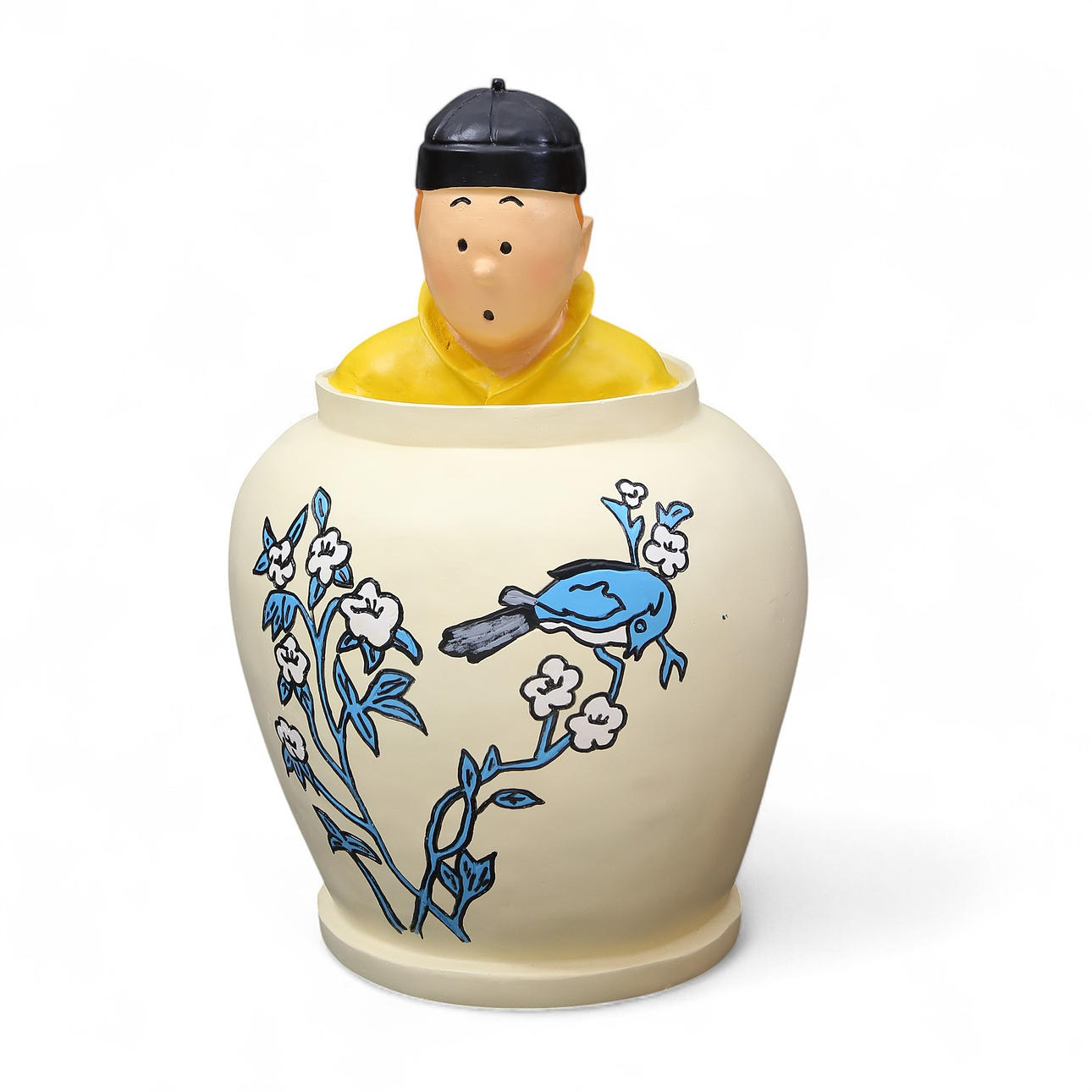 „Tim und Struppi, Der blaue Lotus“, polychrome Polyester-Skulptur.