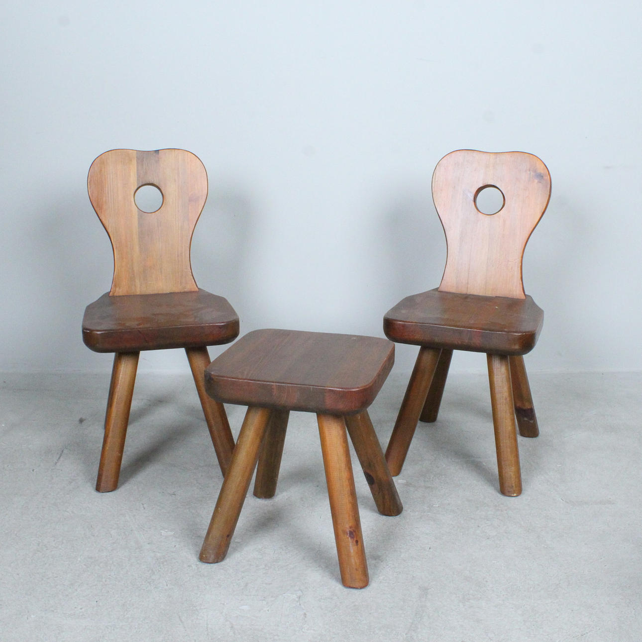 Brutalist Chairs with stool, Oak, 1970s.