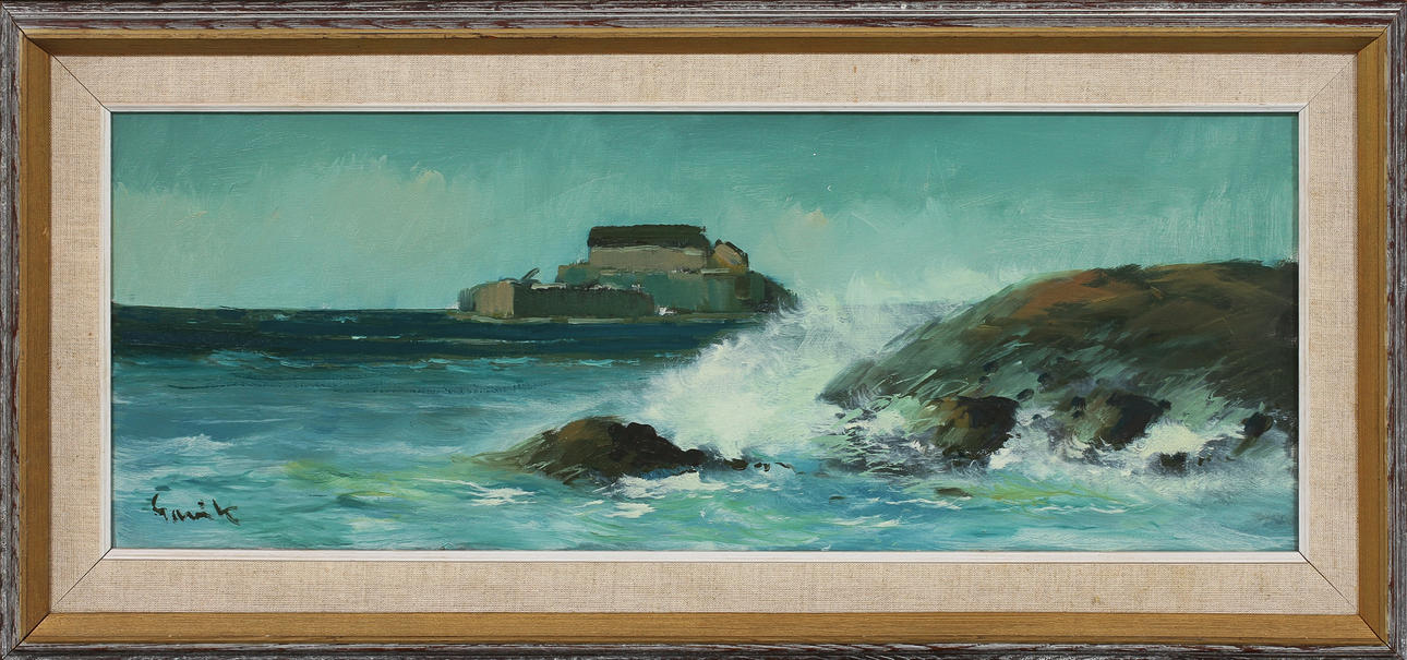 TAGE GAVIK. "Varbergs fästning", olja på duk, signerad.