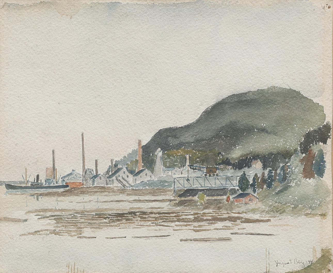 YNGVE T BERG. LANDSCAPE WITH HARBOR.