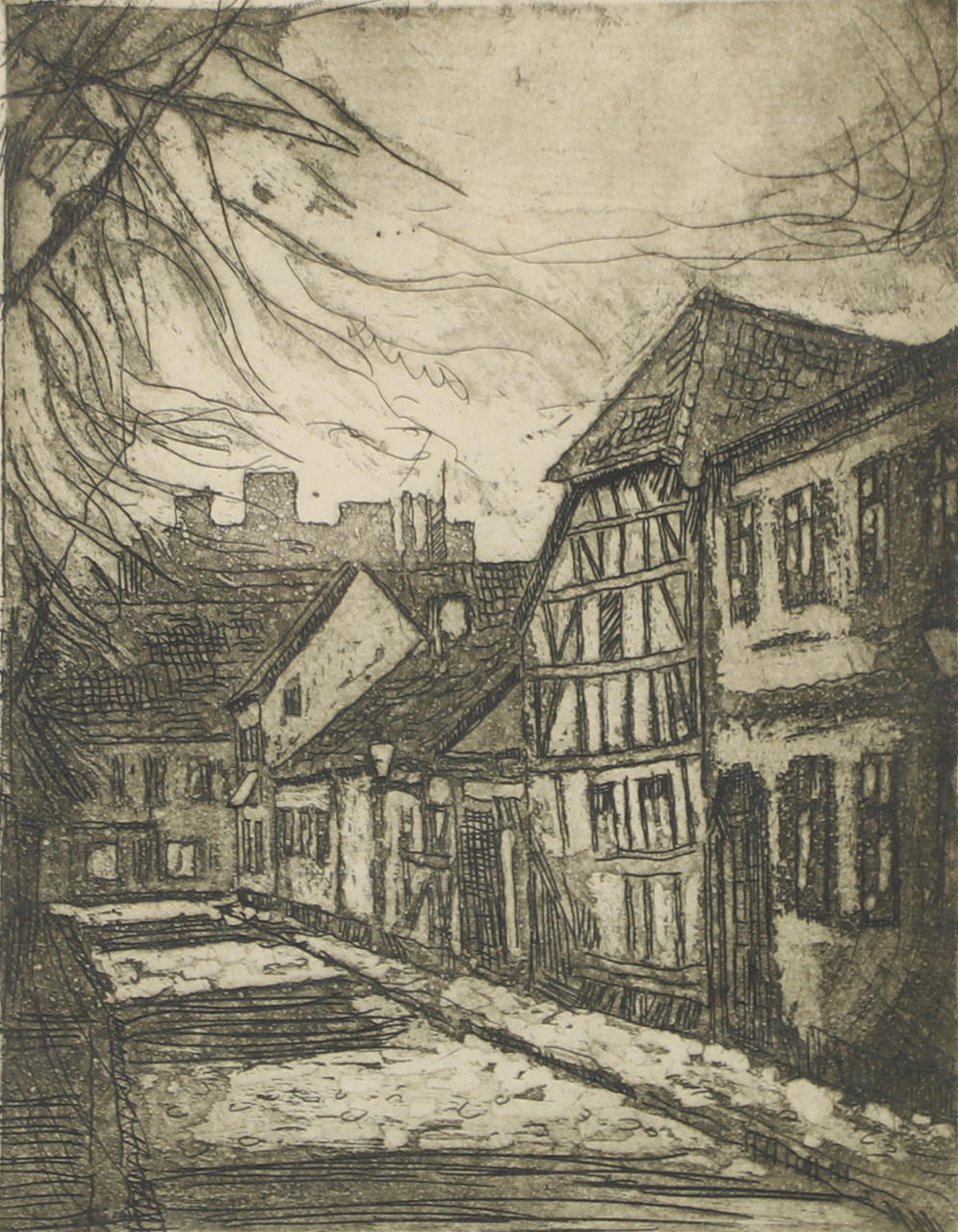 EMIL WESTMAN. Gamla Lund, graphic sheet, signed.