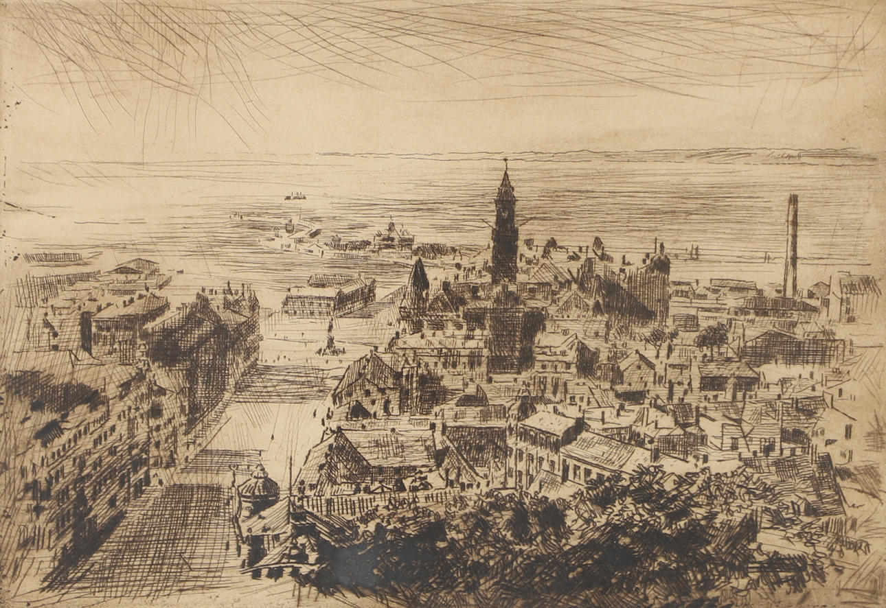 EMIL WESTMAN. Helsingborg motif, graphic leaf, signed.