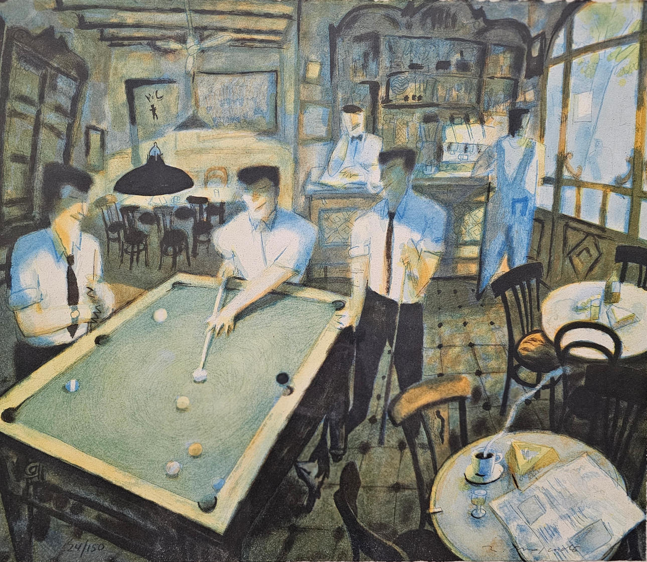 JOSEP MOSCARDO. LITHOGRAPHY. INTERIOR BAR BILLIARDS GAME. SIGNED AND JUSTIFIED IN PENCIL. 24/150.