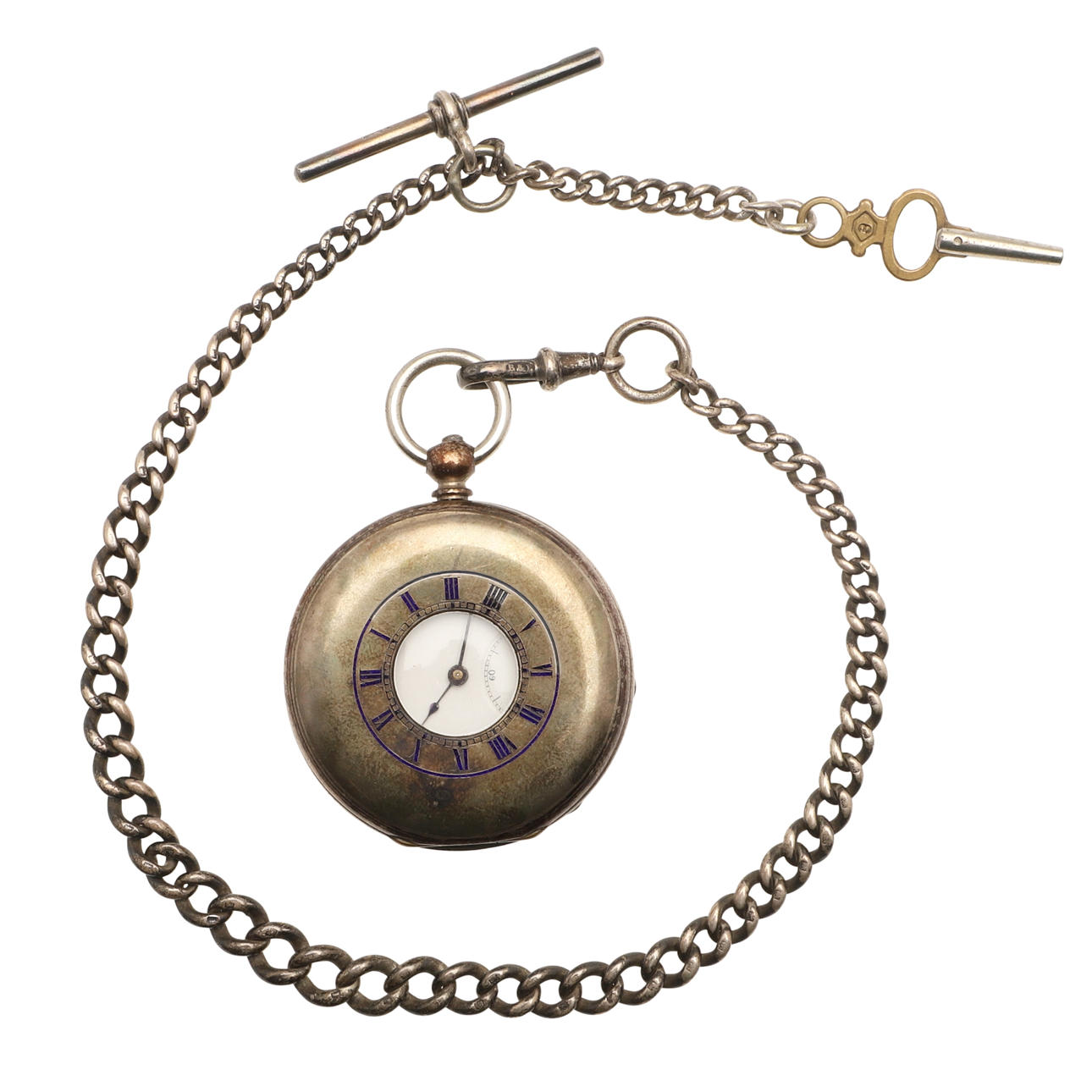 A HALF HUNTING CASED SILVER WRISTWATCH AND A SILVER ALBERT. Clocks ...