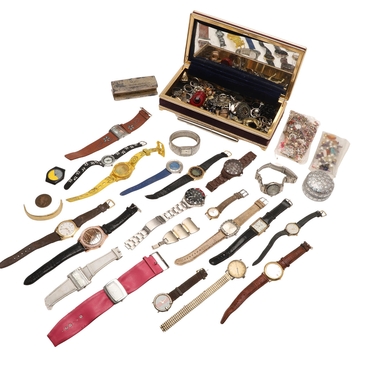 A QUANTITY OF COSTUME JEWELLERY AND WATCHES.