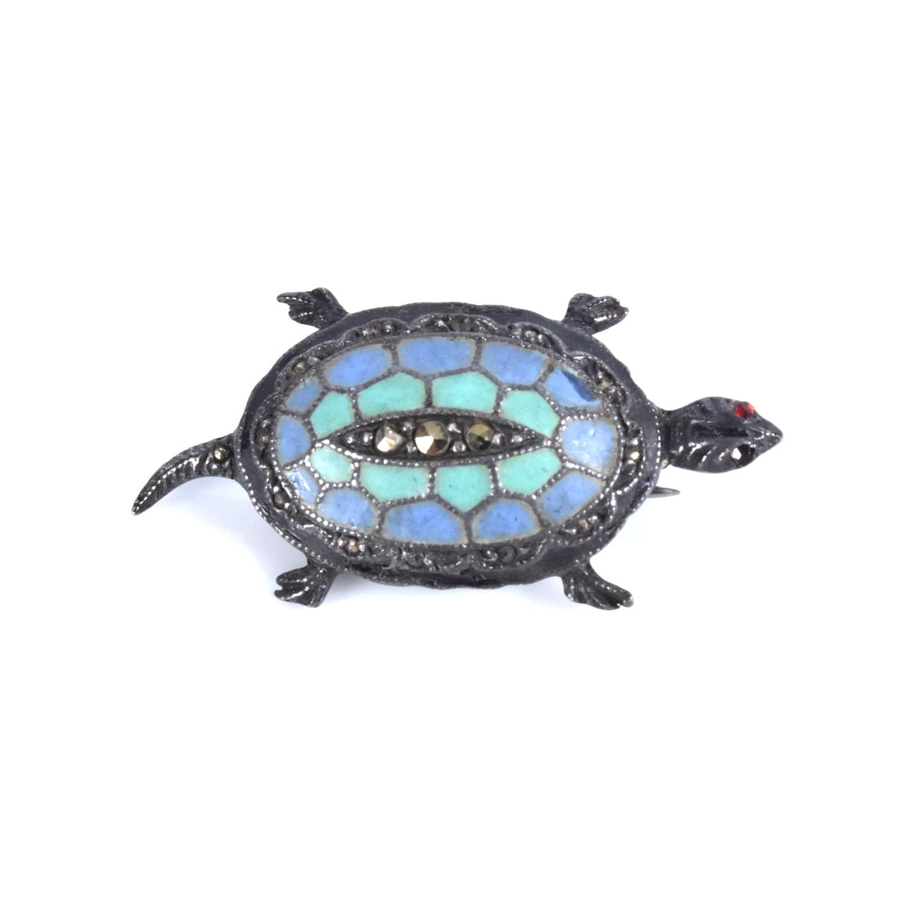 BROSCHE, in Form einer Schildkröte, Emaille und Markasite, Sterlingsilber.