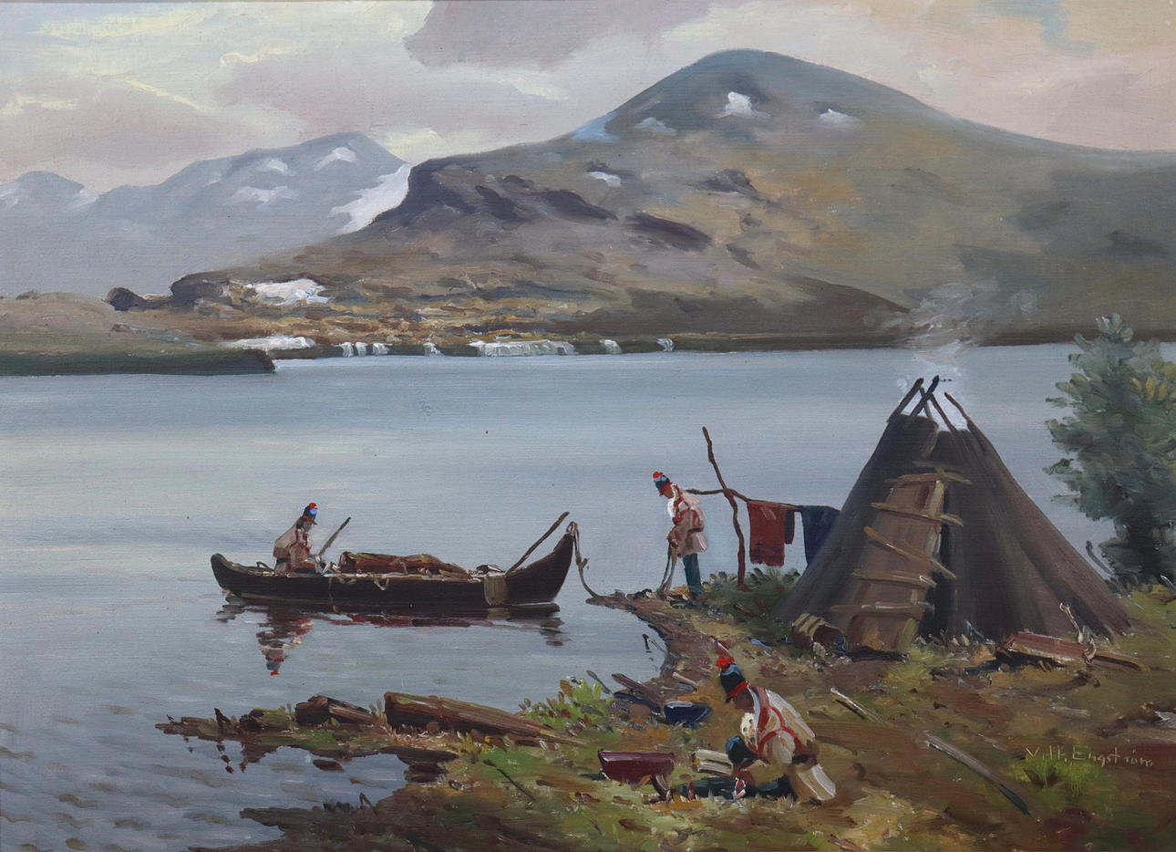VILHELM ENGSTRÖM, Öl auf Leinwand, Gemeinschaftslager am See.