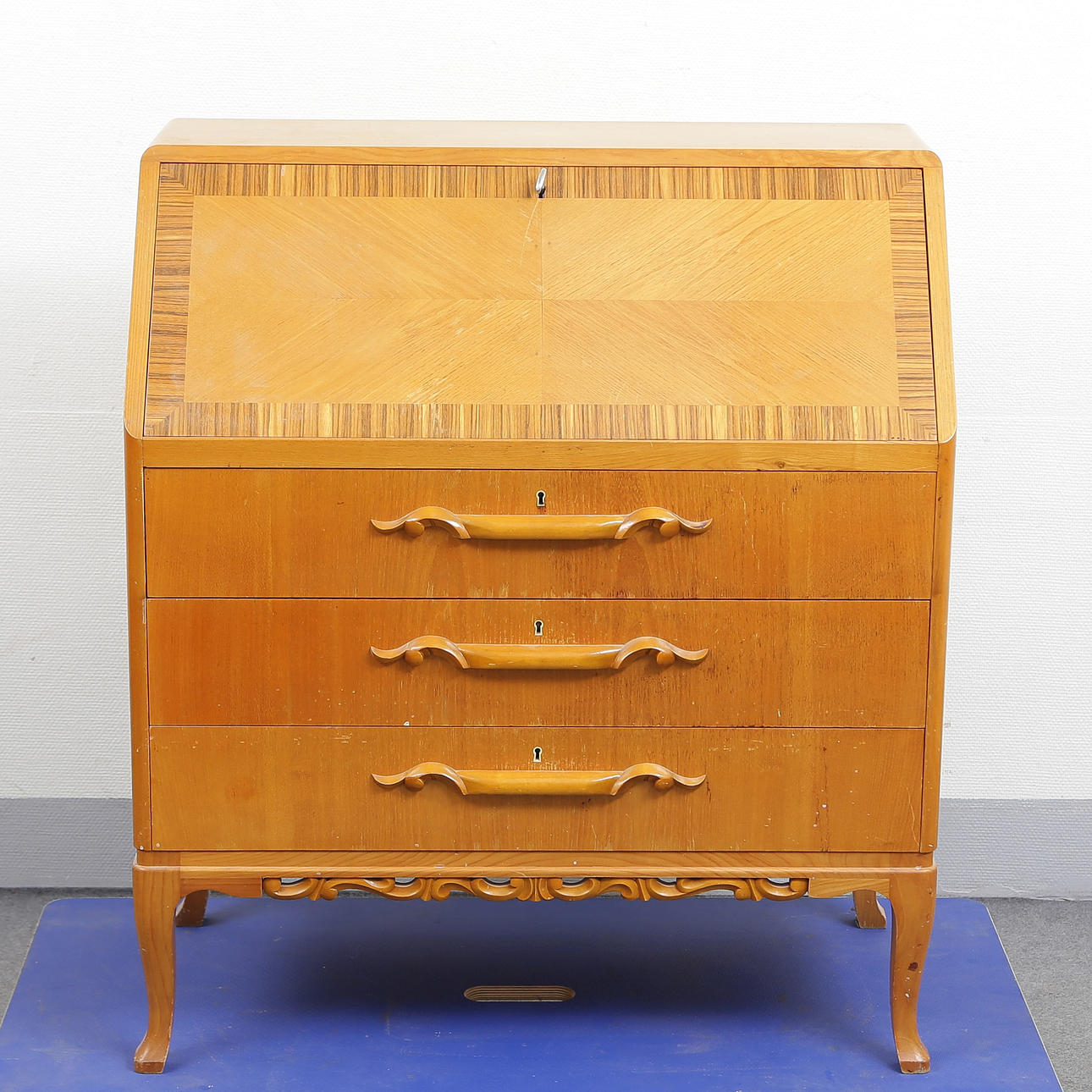 SECRETARY, ELM, 1940S, INTARSIA.