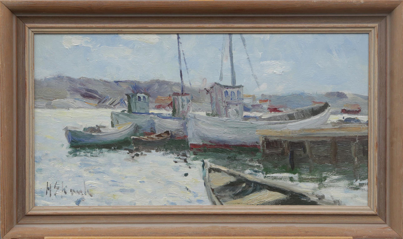 OIDENTIFIERAD KONSTNÄR. OIL, on panel, boat motif, signed.