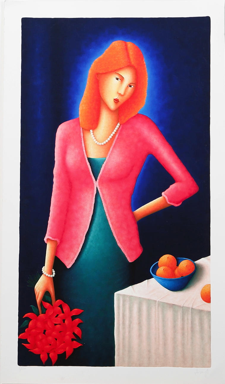 RALF ARTZ. Kvinna vid bord, färglitografi nr 5/230, signerad.