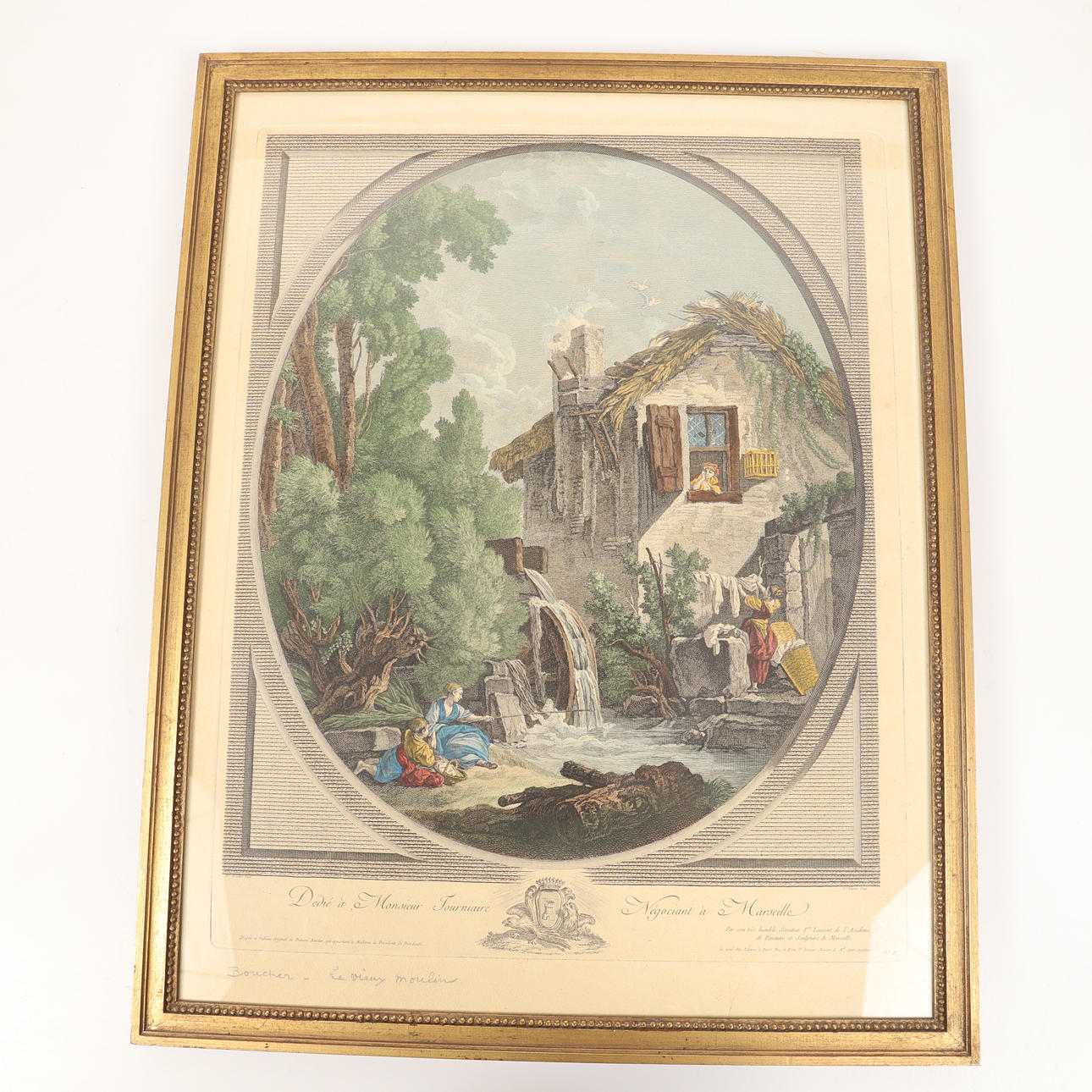 FRANCOIS BOCHER. After. Landscape with mill, hand colored etching.