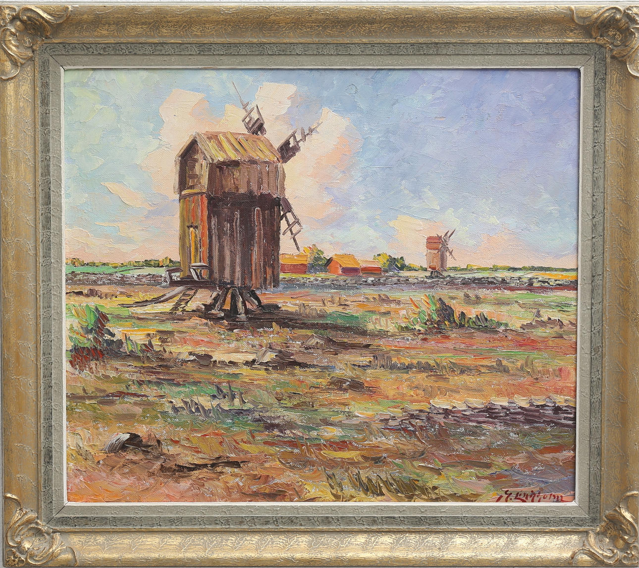 EDWIN LINDHOLM. Ölandsmotiv med väderkvarnar. Olja på pannå, signerad.
