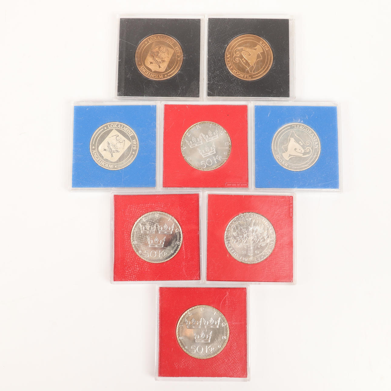 ERINDRINGSMØNTER, 8 stykker, 10 kr-100 kr, Sverige.