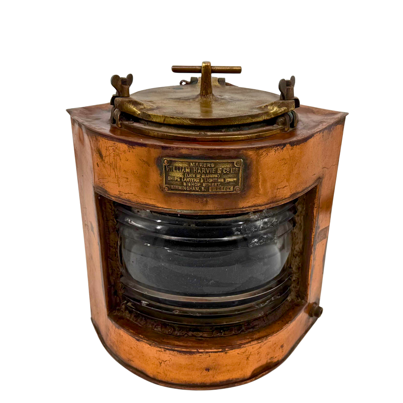 SKIBSLAMPE LAVET AF KOBBER OG MESSING, STEMPLET.