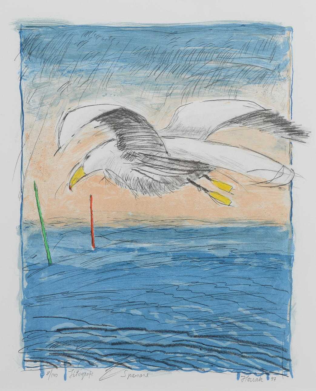 ALLAN HORSAK. “Spotare”, lithograph in colours, signed, numbered 8/140, dated 97.