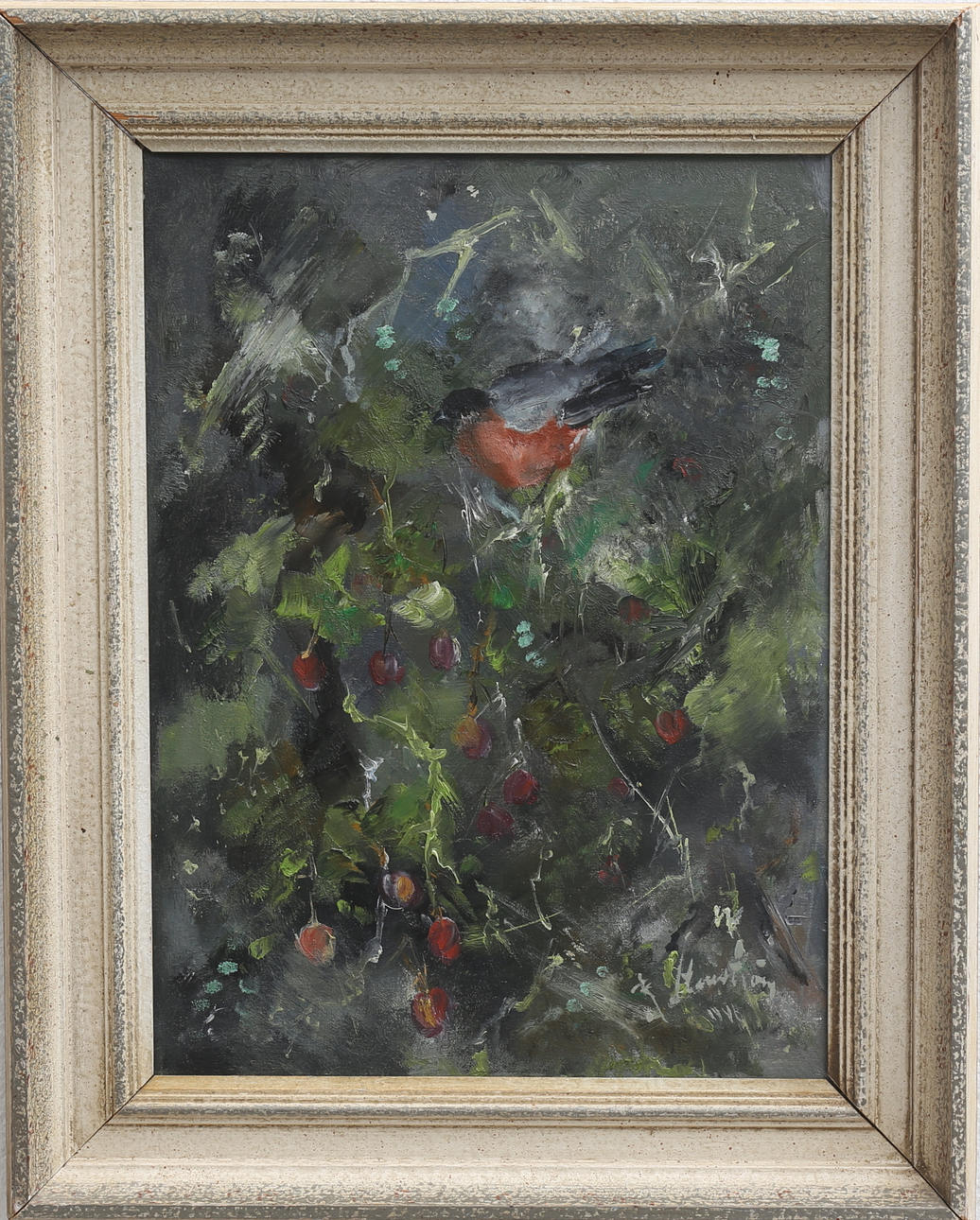 ROLAND STENSTRÖM. Bullfinch. Oil on canvas, signed and dated 1946.