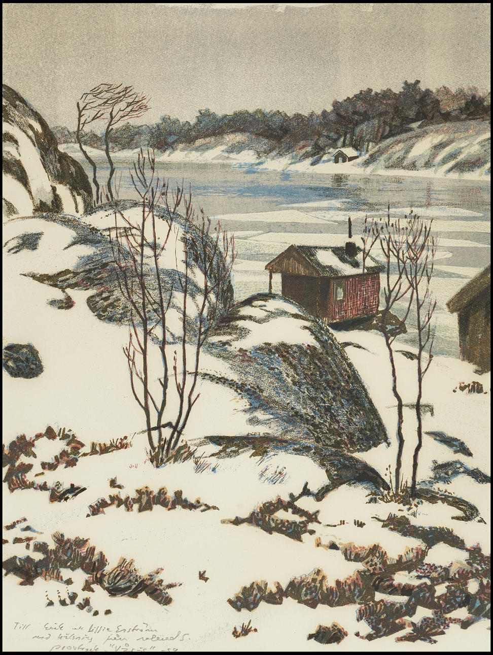 ROLAND SVENSSON (1910-2003). “Spring-ice”, signed and dated with dedication Roland S., sample print, lithograph in colours, 1950s.