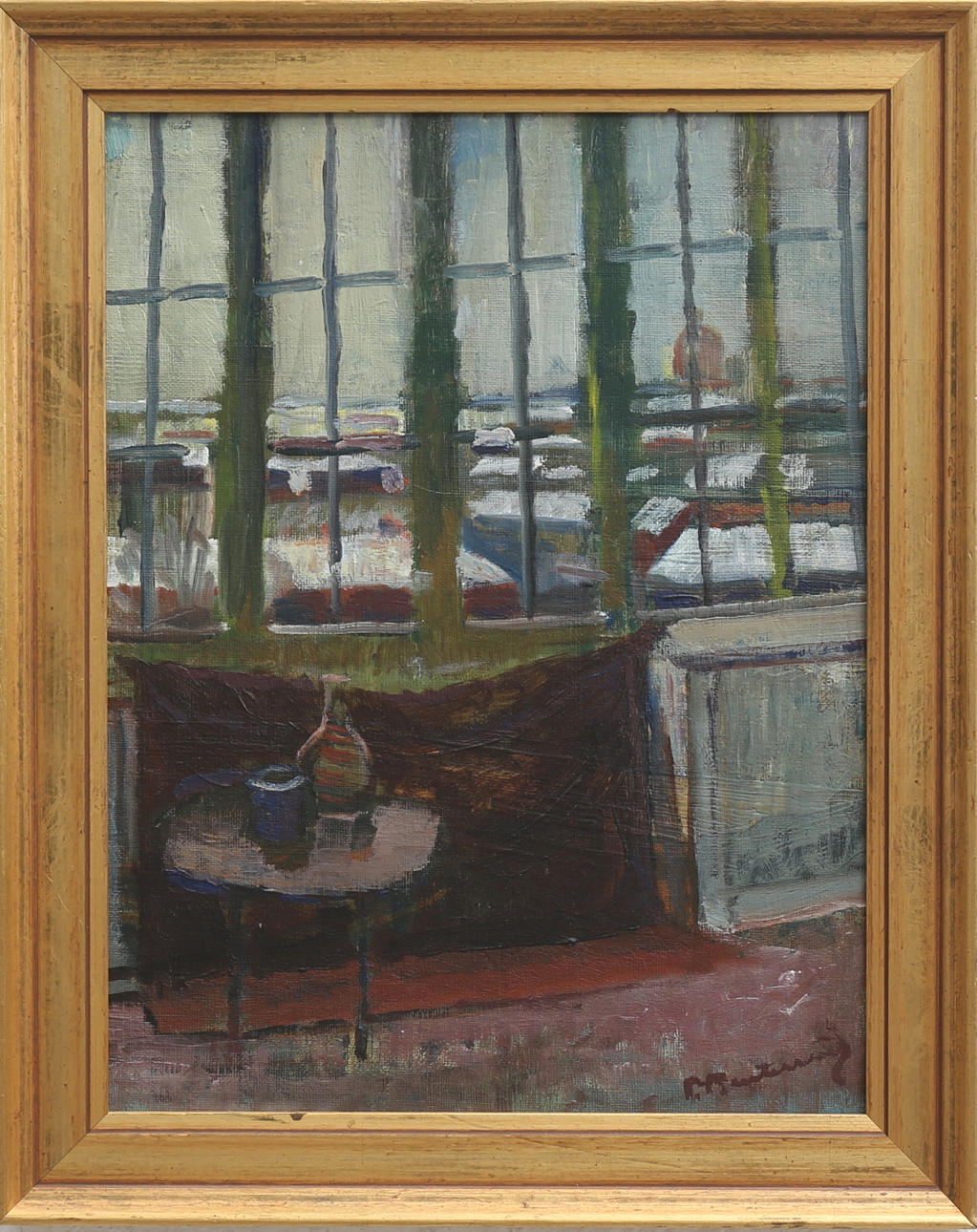 PATRIK REUTERSVÄRD. Interiör med utsikt. Olja på pannå, signerad.