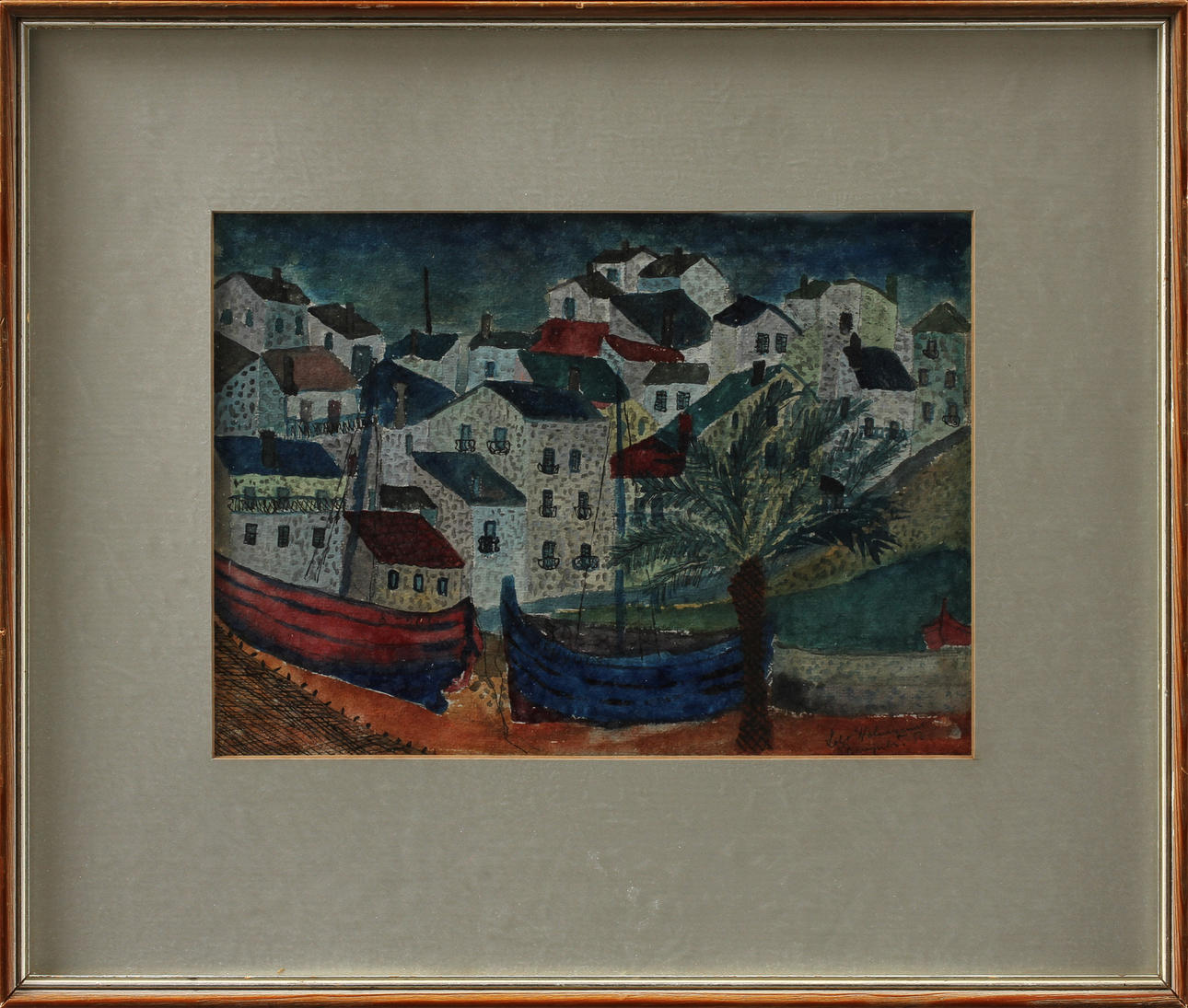 LOLO HOLMQVIST. Sydländsk hamnbild, akvarell, sign.