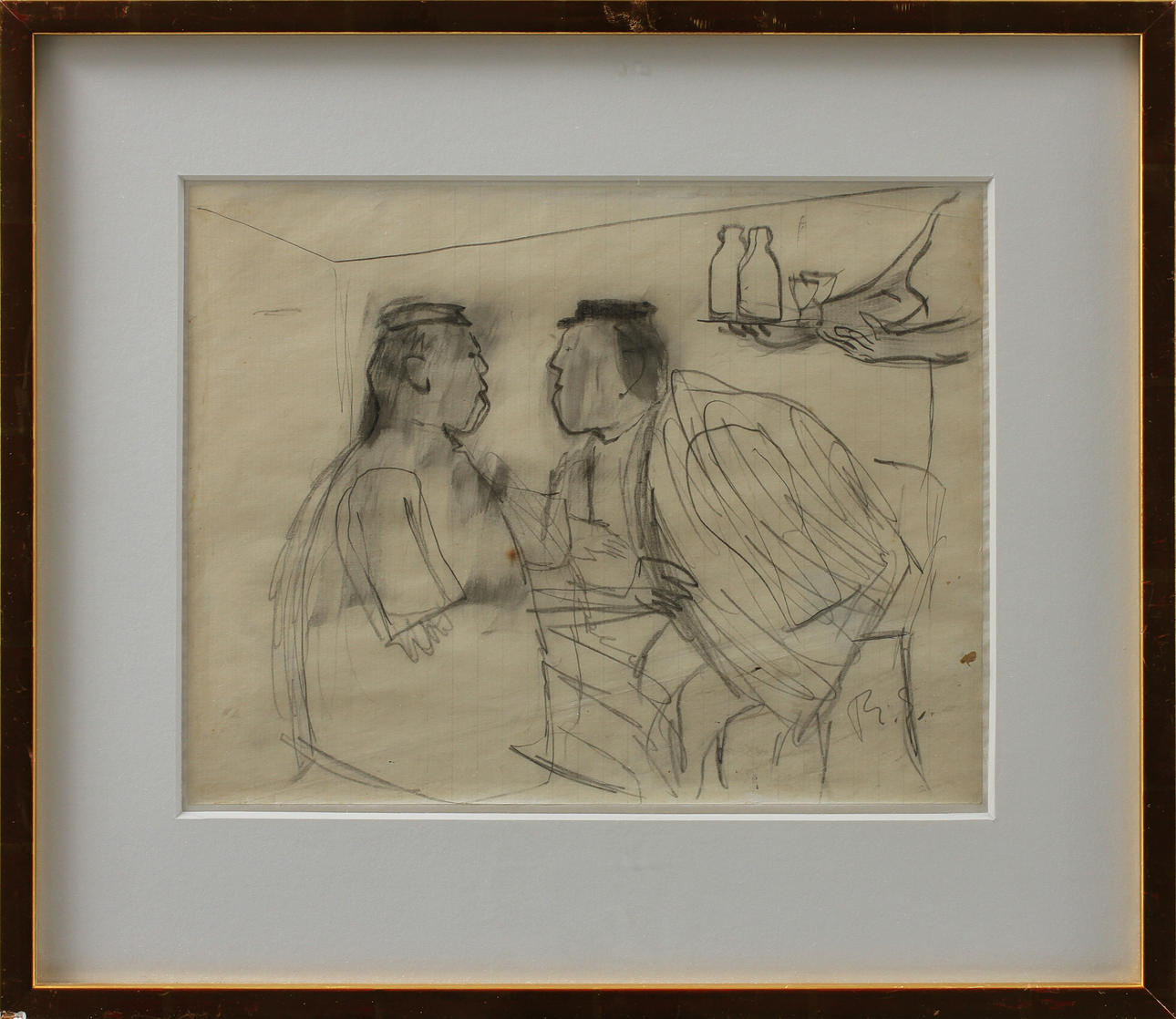 RAGNAR SANDBERG. Kafésamtal , blyertsteckning, sign.