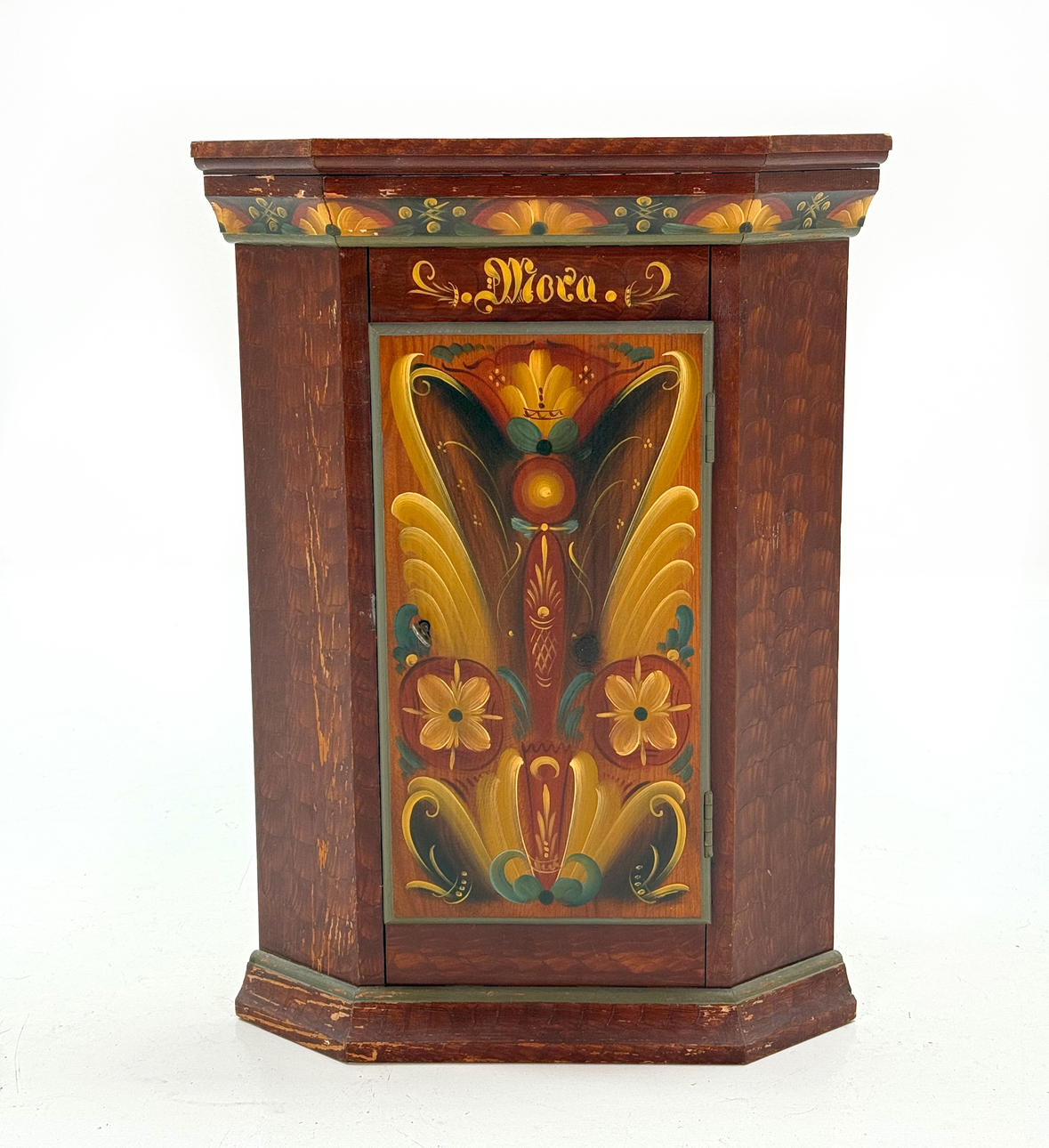 CORNER CABINET, kurbit-painted wood, text Mora.