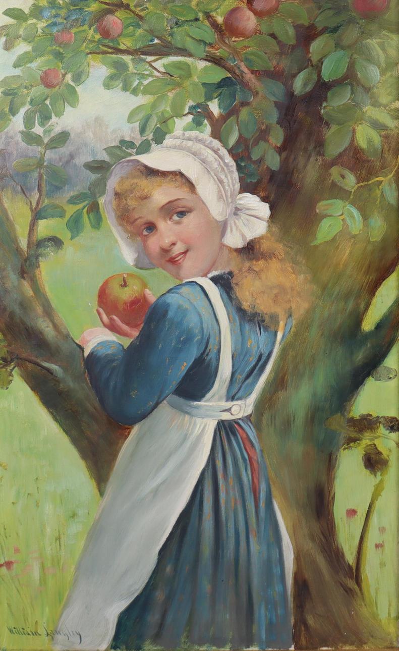 WILLIAM LANGLEY, Öl auf Leinwand, Mädchen pflückt Äpfel.