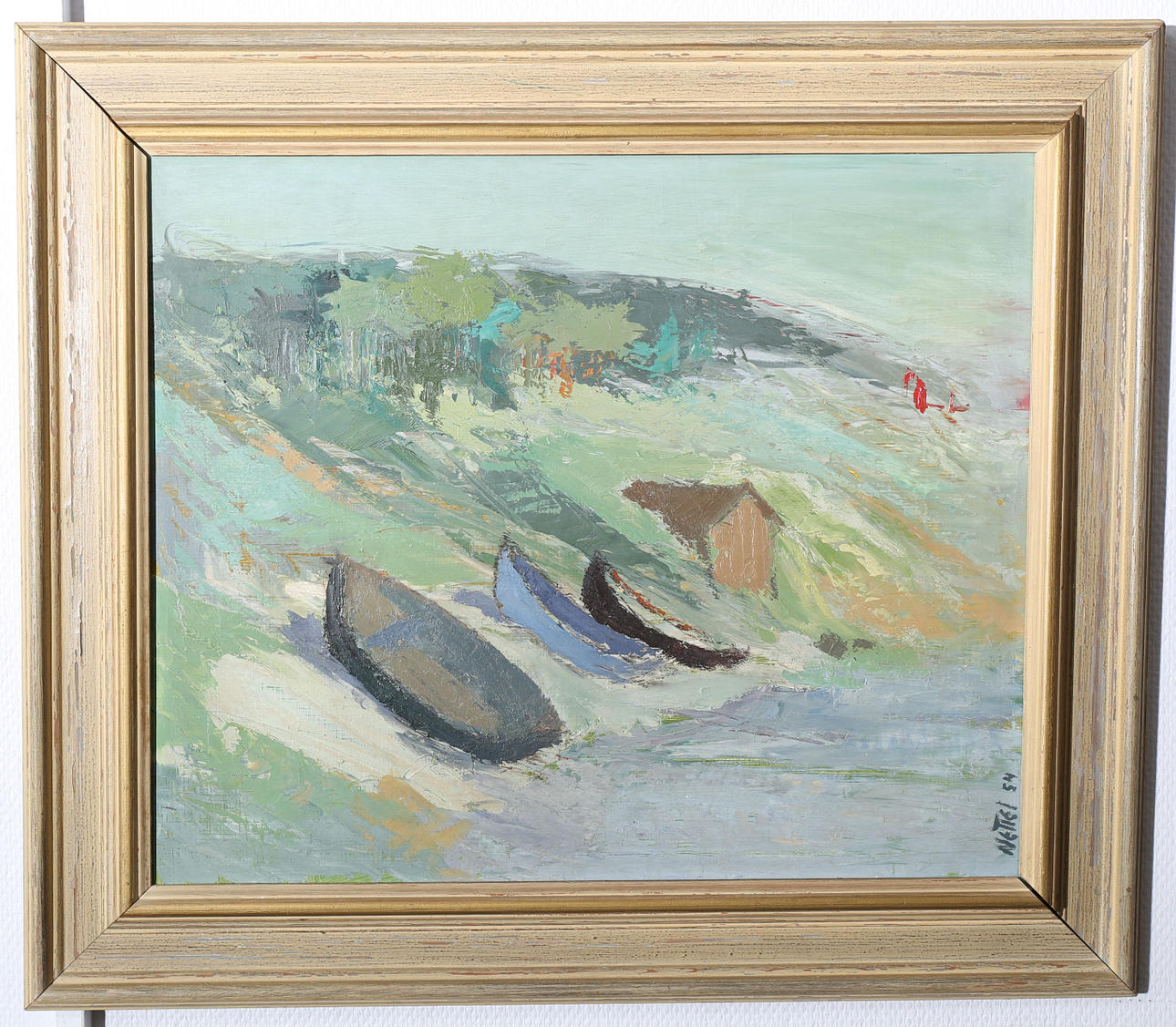 EINAR NETTELBLADT. Olja på pannå, Ekor vid strandkanten, signerad Nettel, daterad -54.