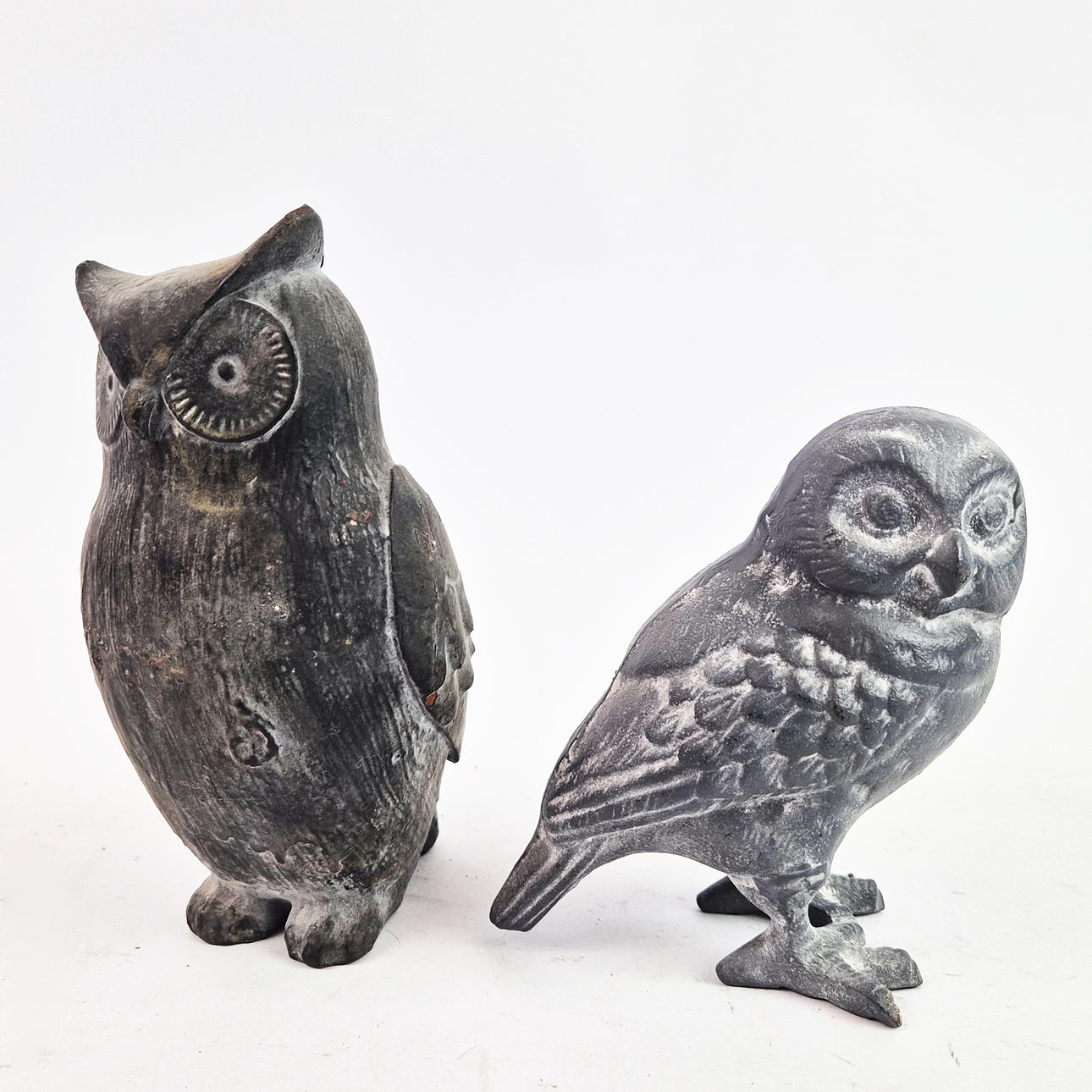 CAST METAL SCULPTURAL OWLS, 2 DIFFERING.