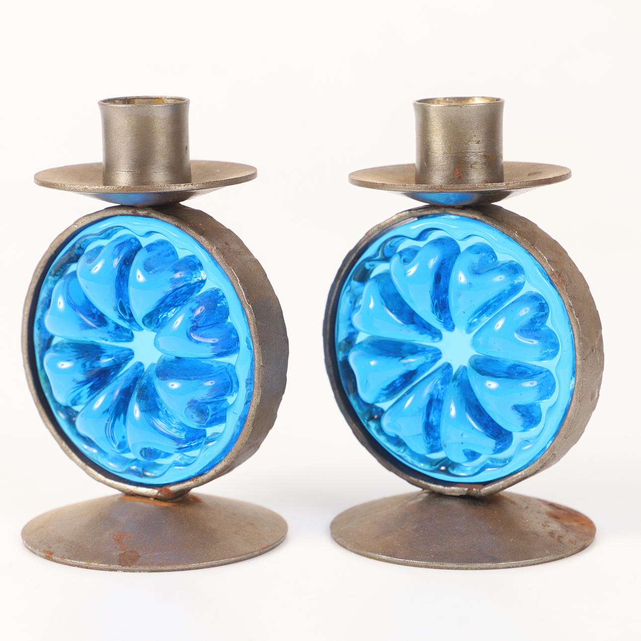 CANDLESTICKS, 1 pair, wrought with blue glass prisms.