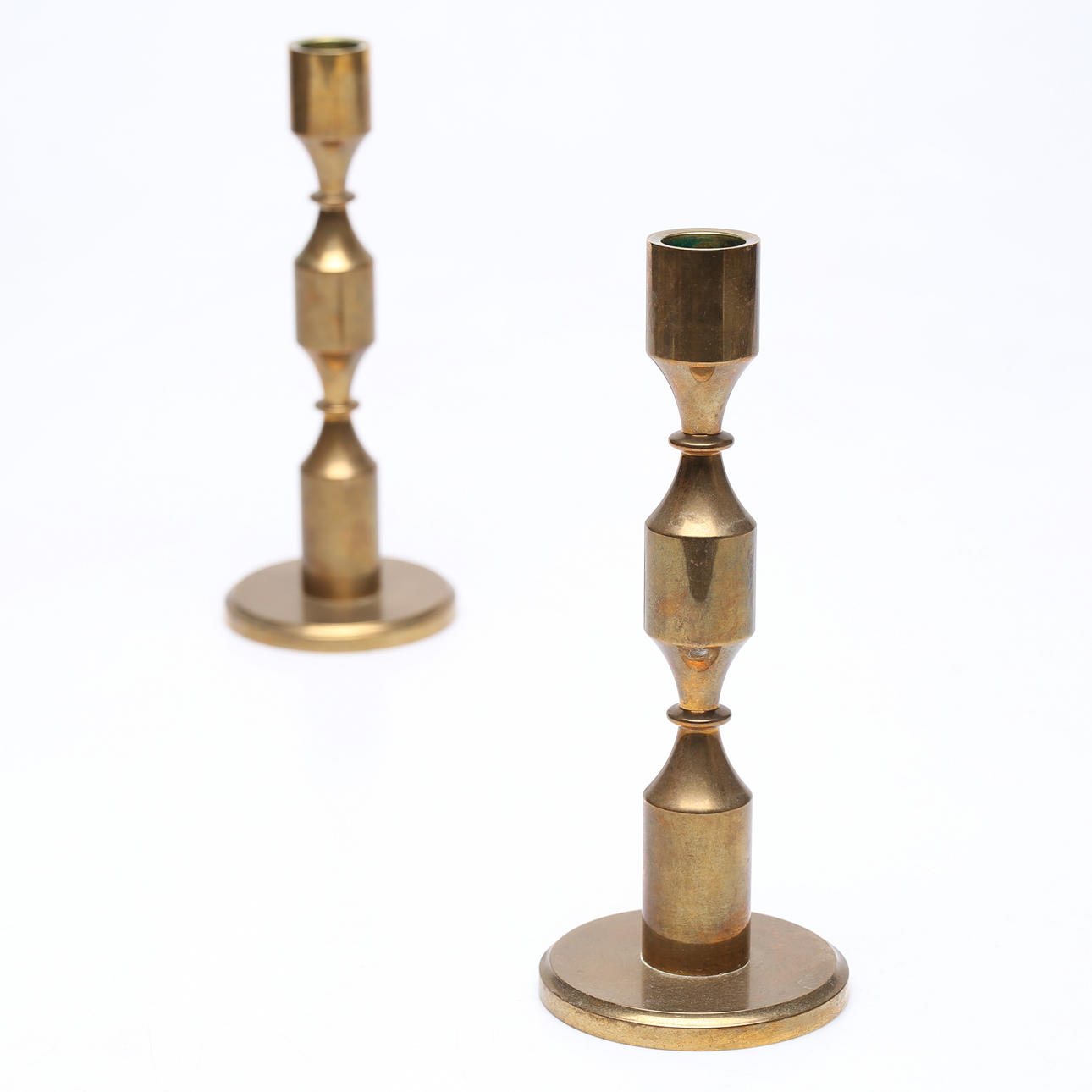 CANDLESTICKS, 1 pair, brass, Gusum metalwork.