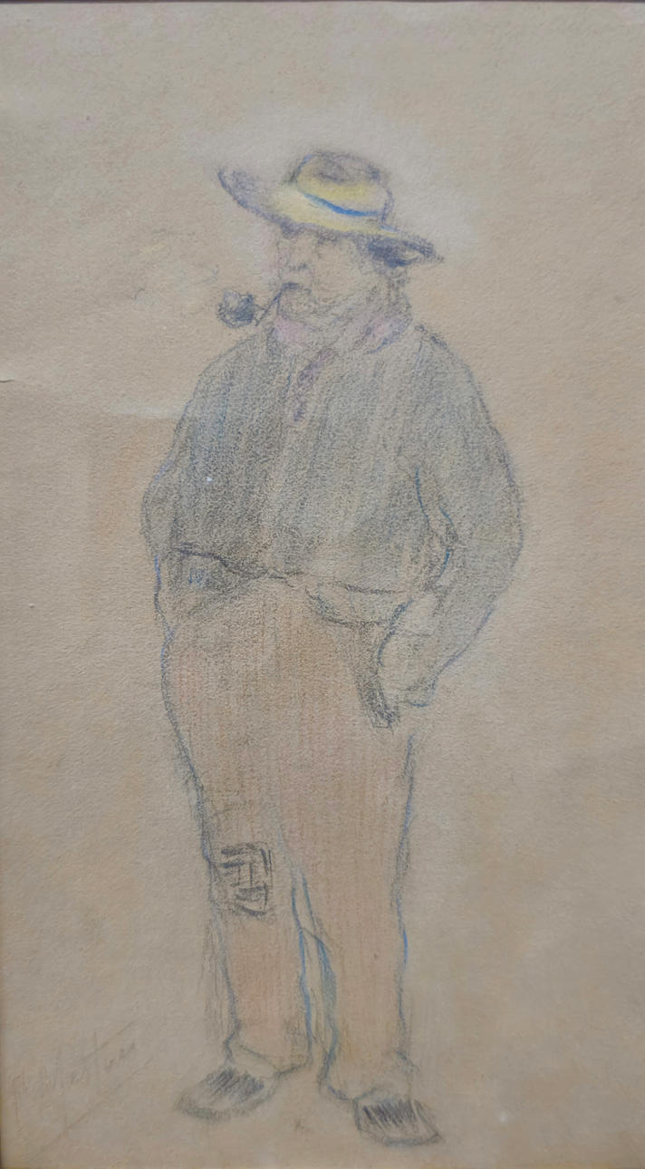 JOAN MESTRE. EIN MANN, DER EINE PFEIFE RAUCHT. BLEISTIFT AUF PAPIER.