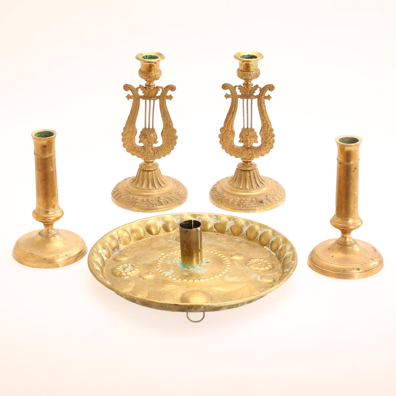 CANDLESTICKS, 5 pieces, brass.