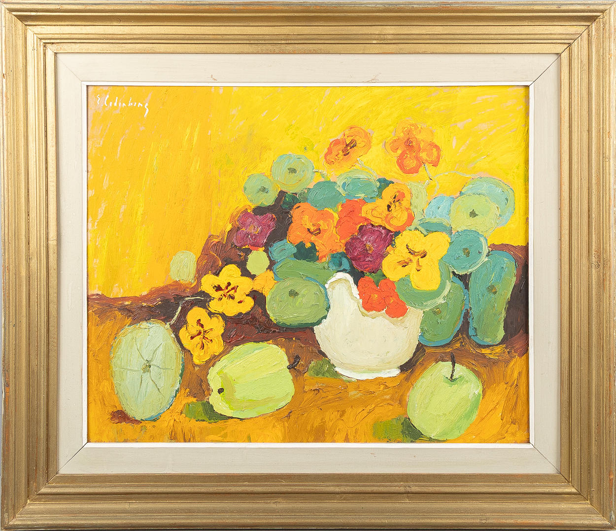 ERIC CEDERBERG. Blumenstillleben mit Äpfeln, Öl auf Holz.