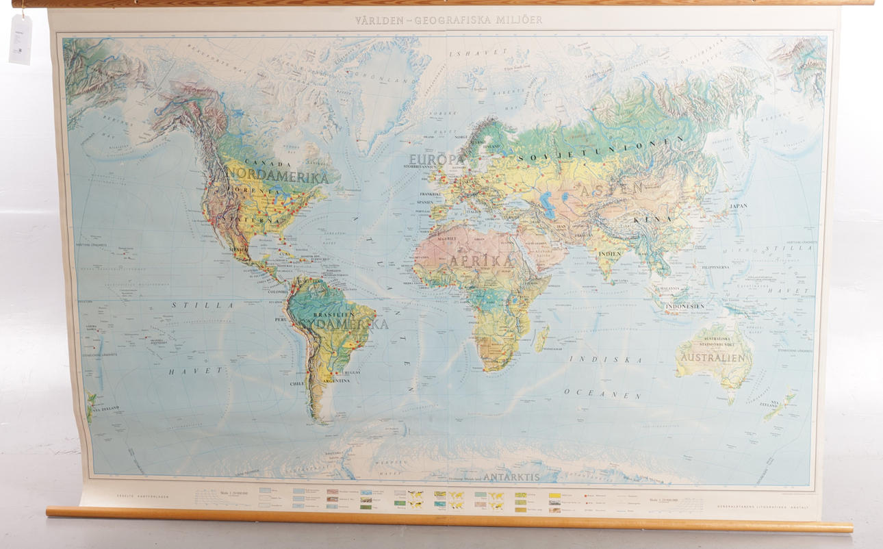 School card, world map, Swedish origin and writing, fabric on canvas.