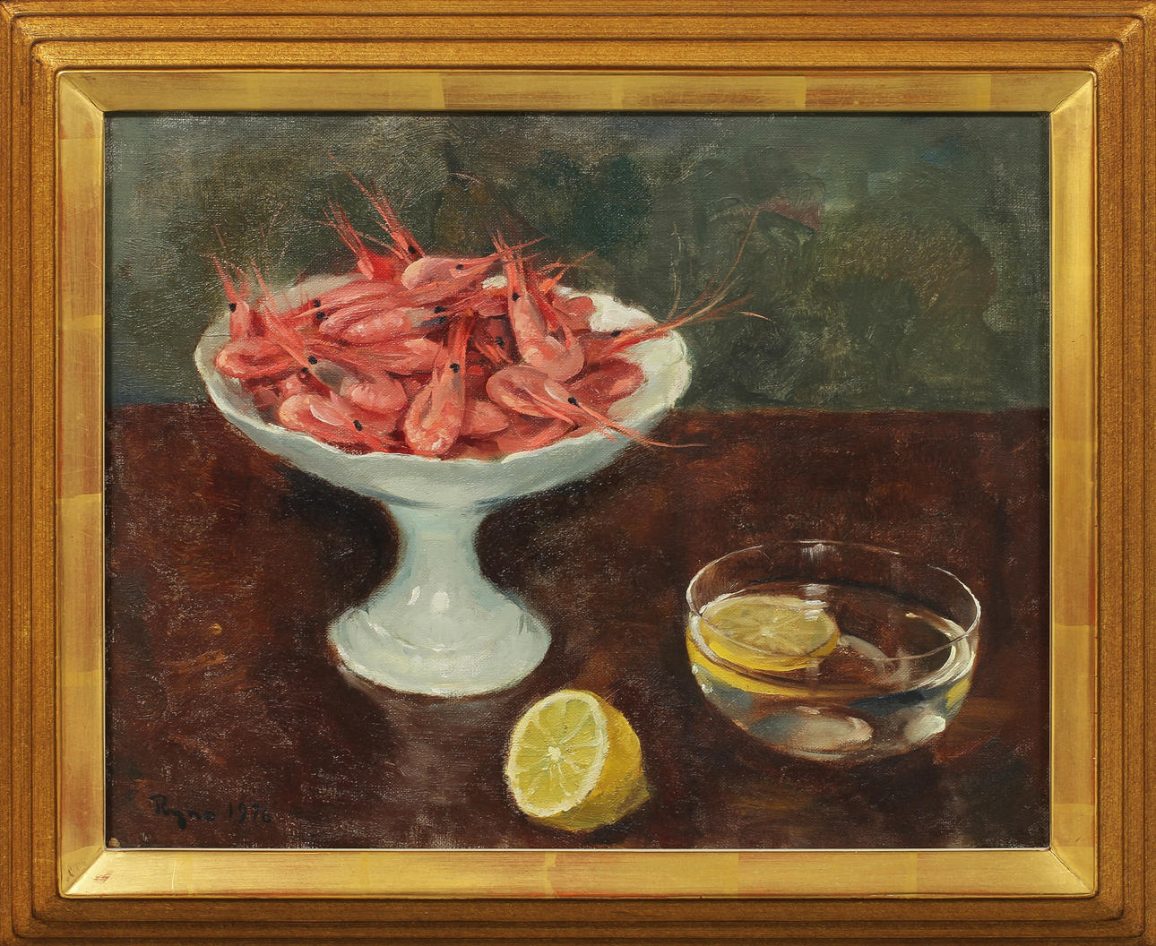 RYNO FRIEBERG. Stilleben med räkor på fat. Olja på duk, signerad och daterad 1976.