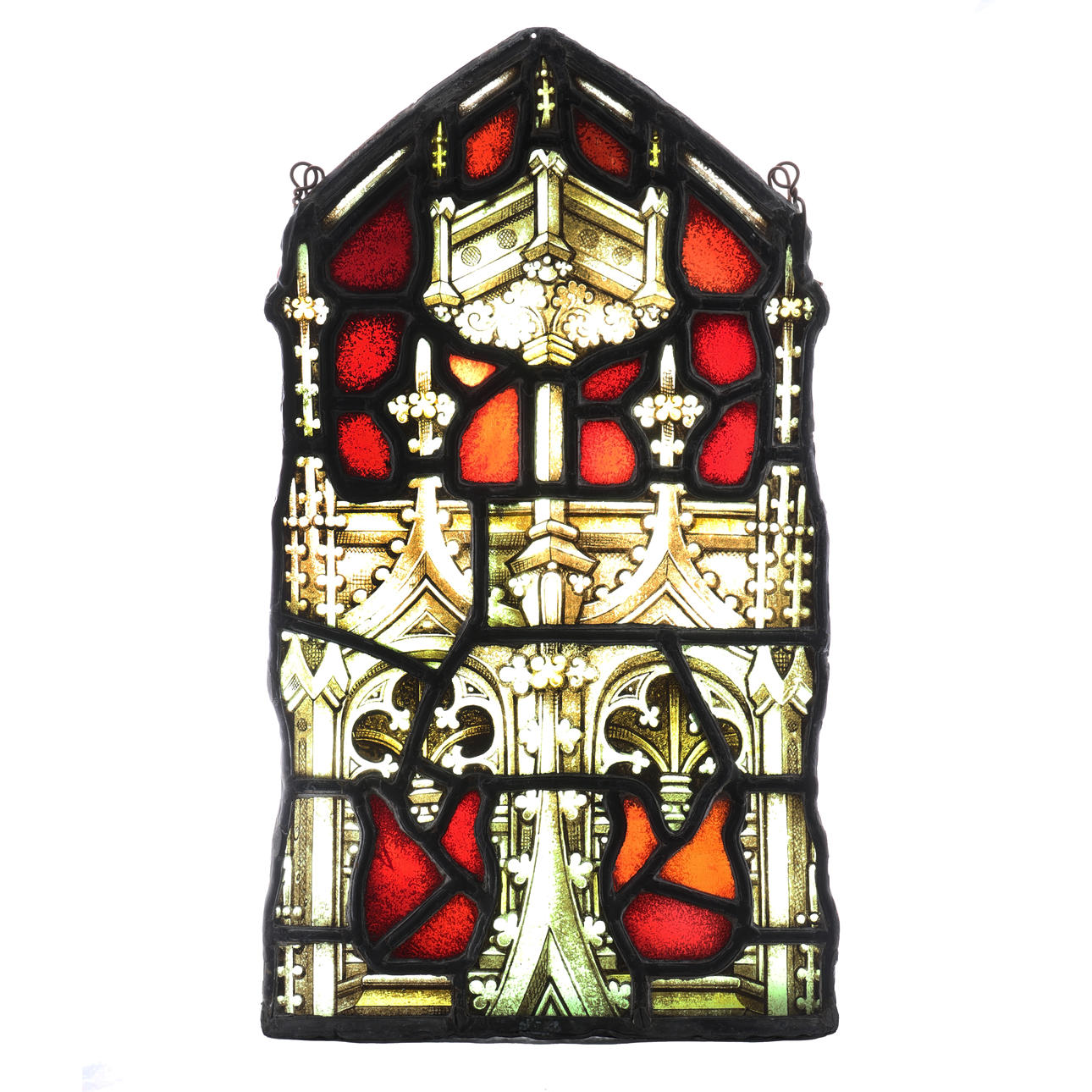 A STAINED GLASS GOTHIC PANEL.