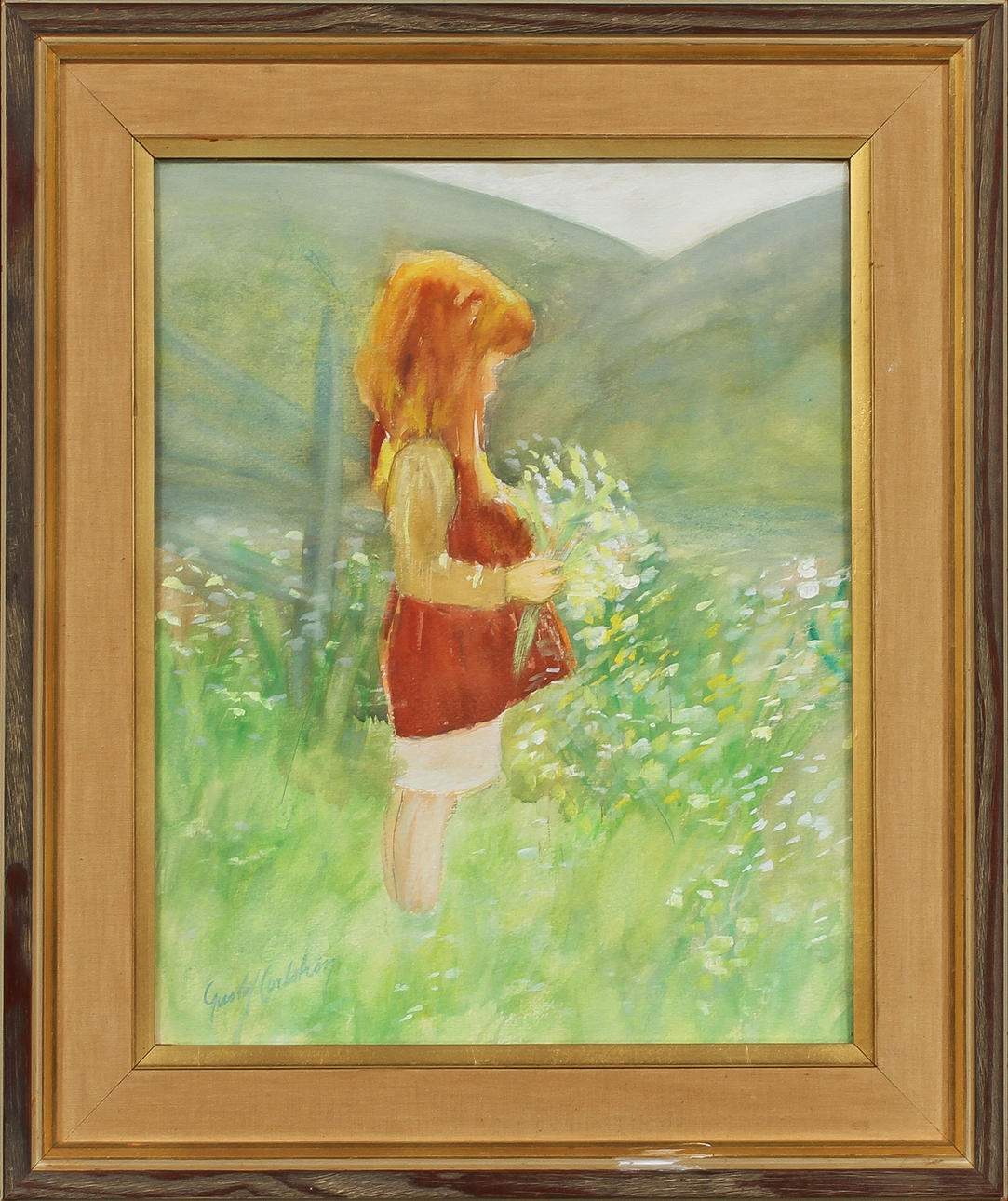 GUSTAF CARLSTRÖM. Flicka på blommande äng. Akvarell och gouache, signerad.