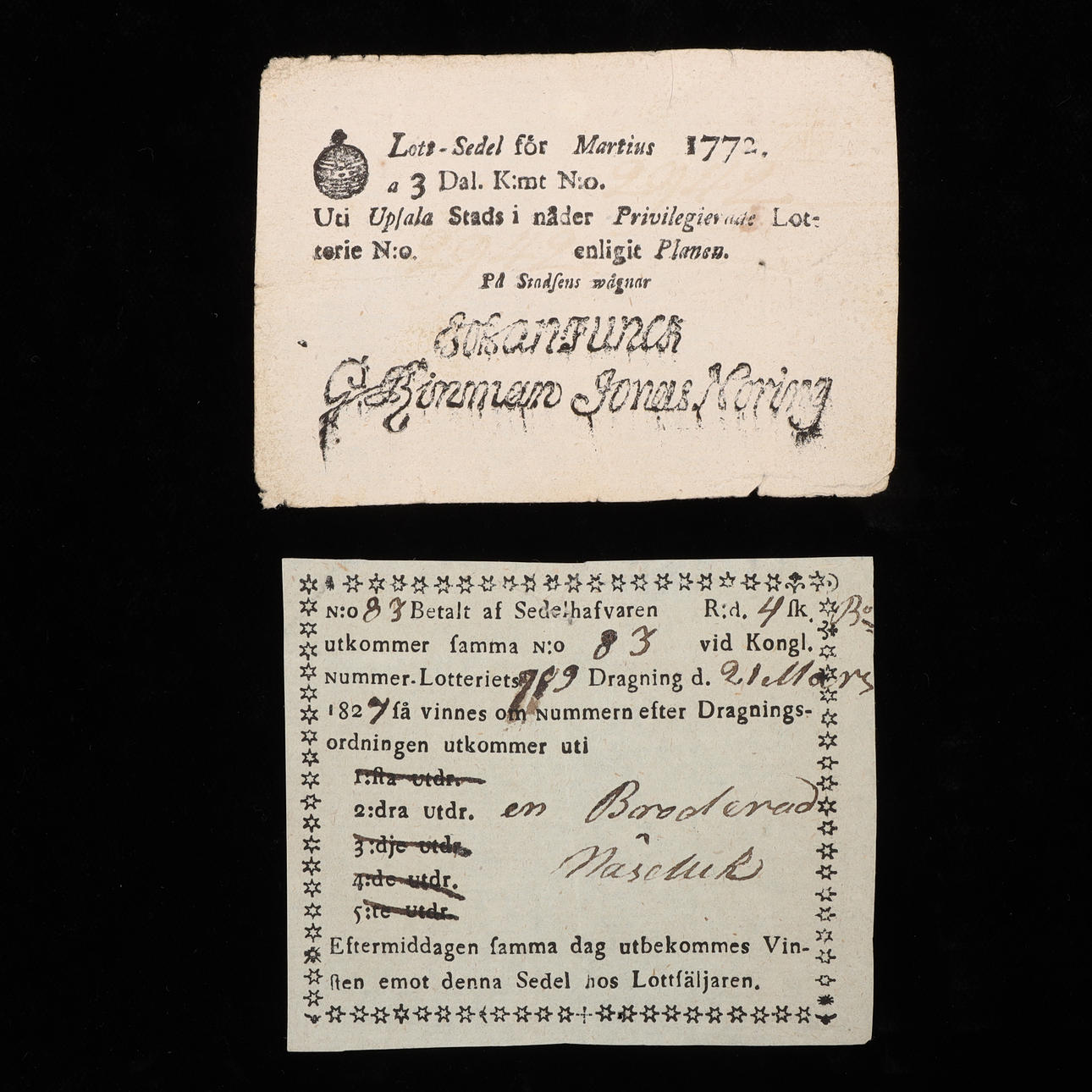 2 lottery tickets, 1771 and 1827.