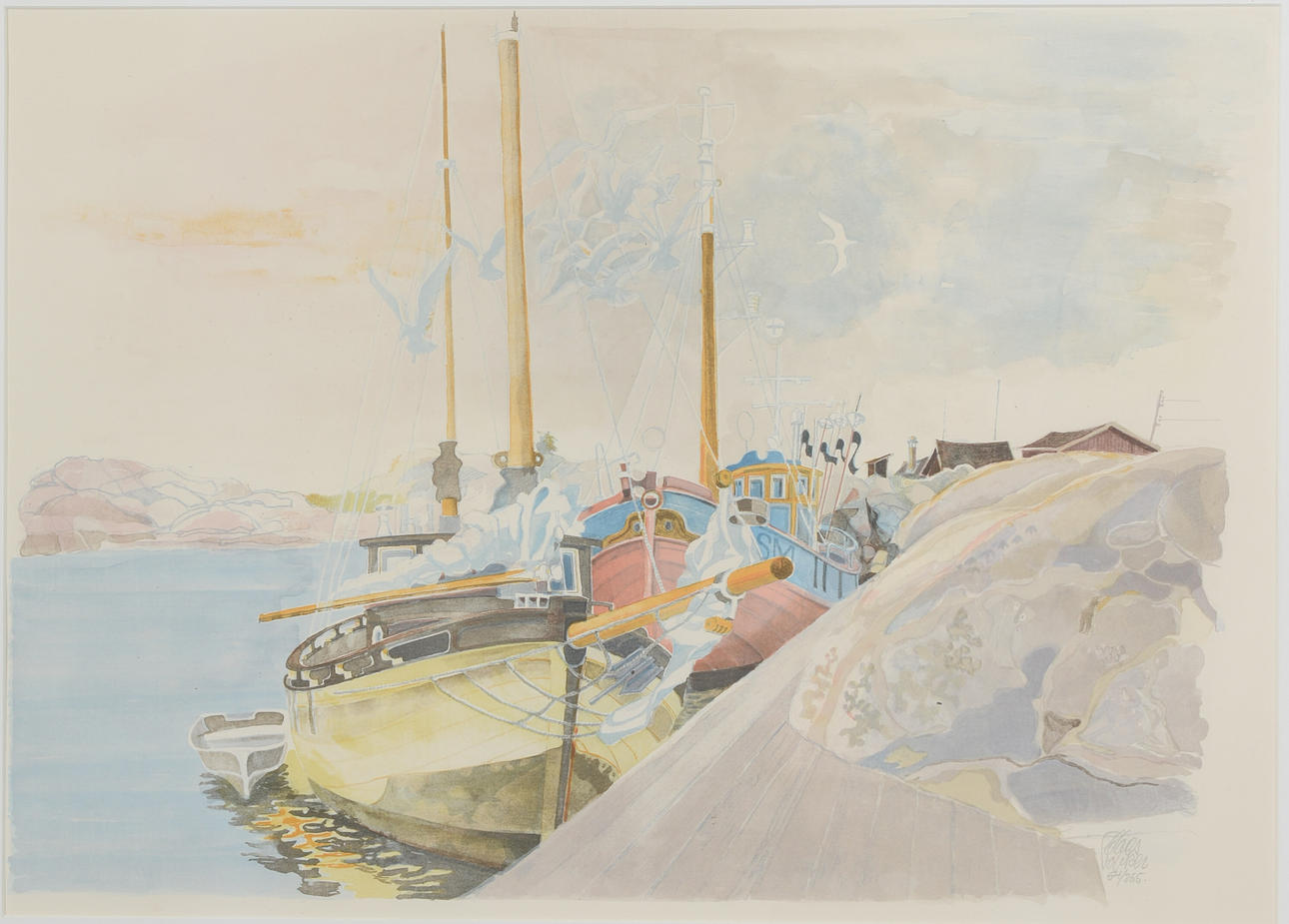 CLAES FOLCKER. Harbour motif, lithograph in colours, signed, numbered 54/365.
