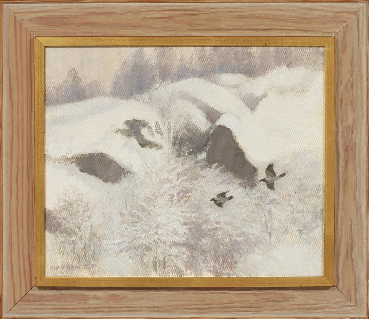 ALLAN ANDERSSON. Flygande kråkfåglar i vinterlandskap. Olja på duk, signerad.