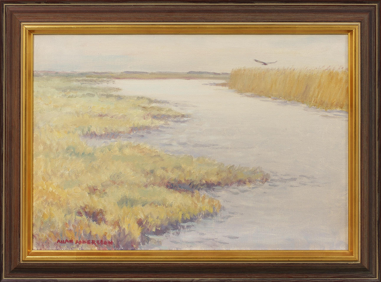 ALLAN ANDERSSON. Fågel vid vattendrag. Olja på duk, signerad.