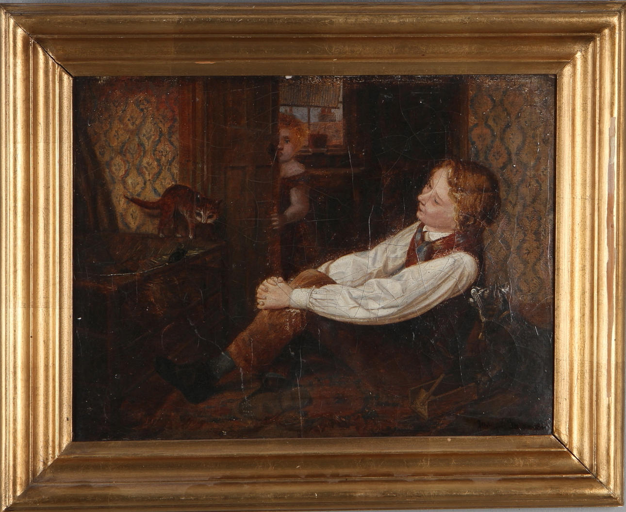OIDENTIFIERAD KONSTNÄR. Interiör med barn katter och mus, olja på duk, otydligt signerad.